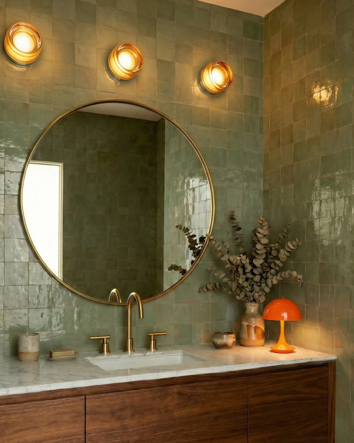 Glass wall sconce HALO No.08, three amber units lit in a row above a round mirror on a green tiled vanity