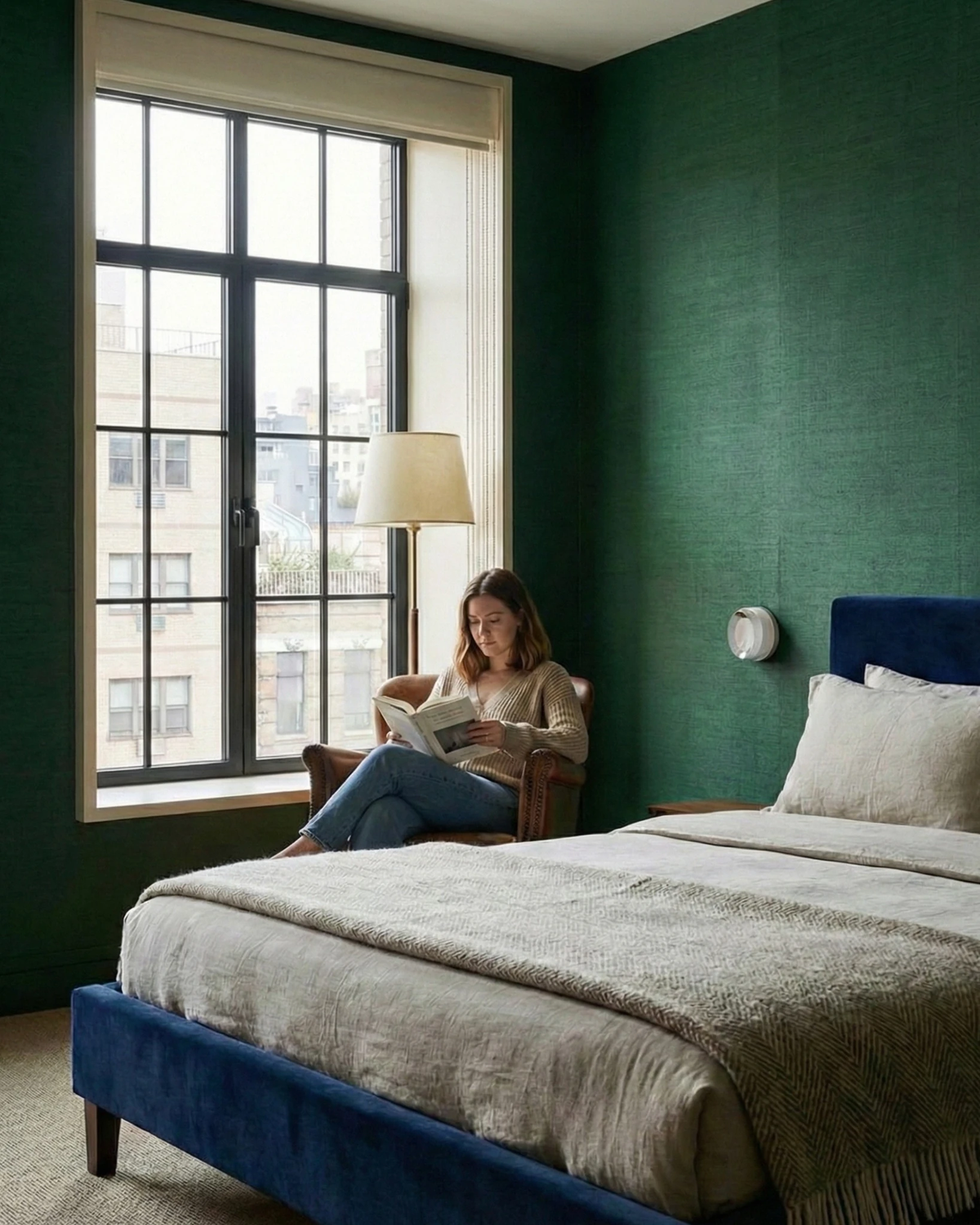 Glass wall sconce HALO No.08 in opal on a green bedroom wall beside the headboard, reader in a chair by the window