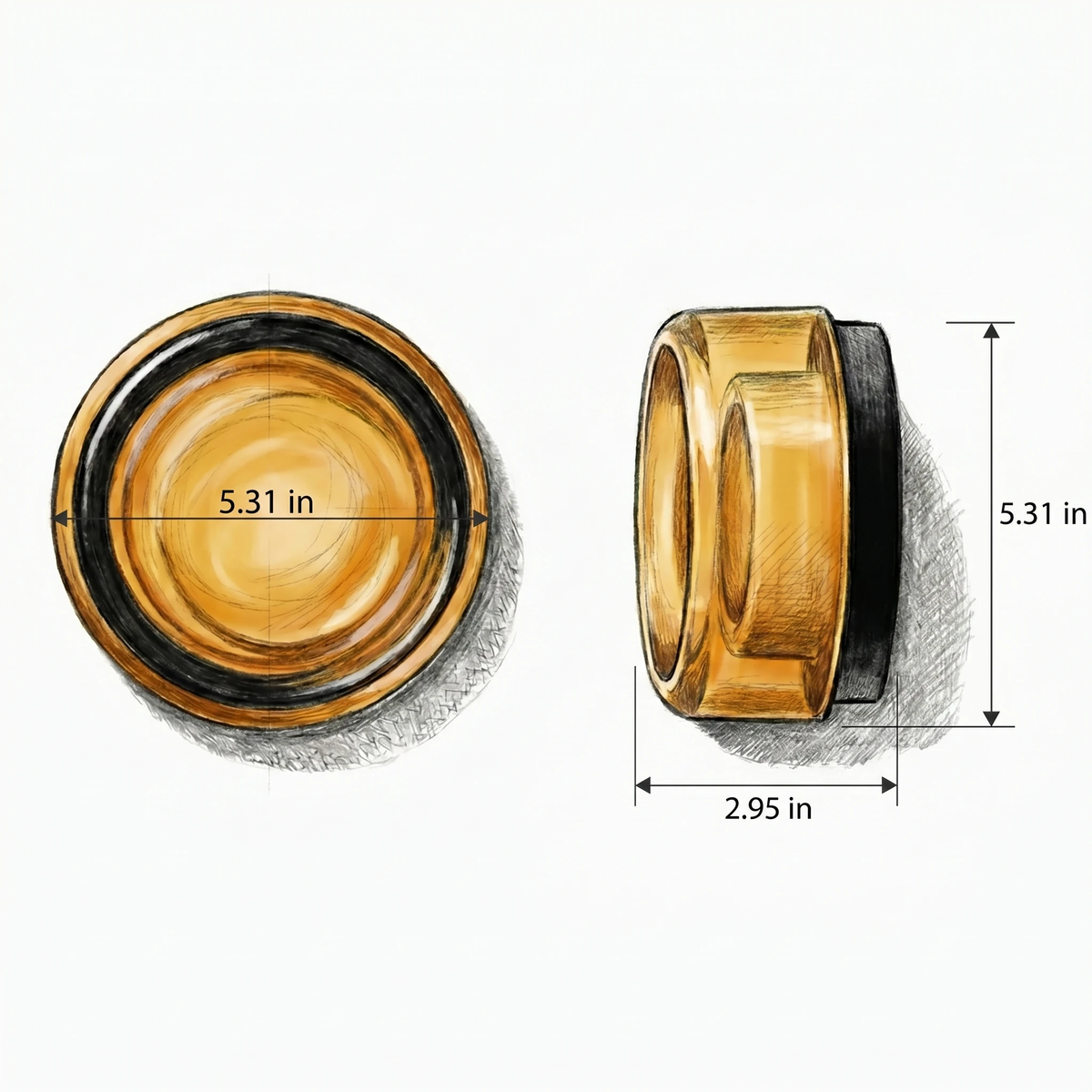 Dimensions diagram of the HALO No.08 glass wall sconce in amber with diameter and depth in inches