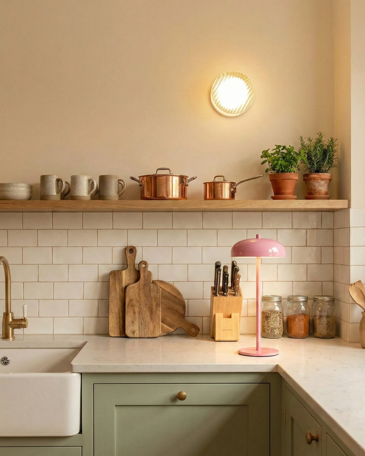 Glass wall sconce HALO No.08 in opal, switched on above an open kitchen shelf with copper pans