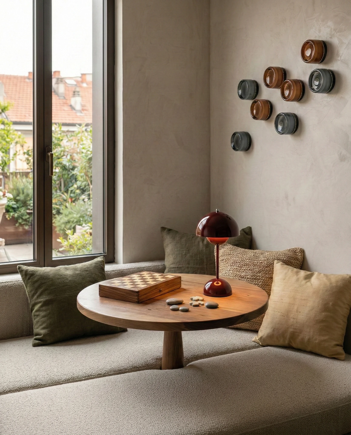 Glass wall sconce HALO No.08, cluster of amber and smoke units on a plaster wall above a living room window seat