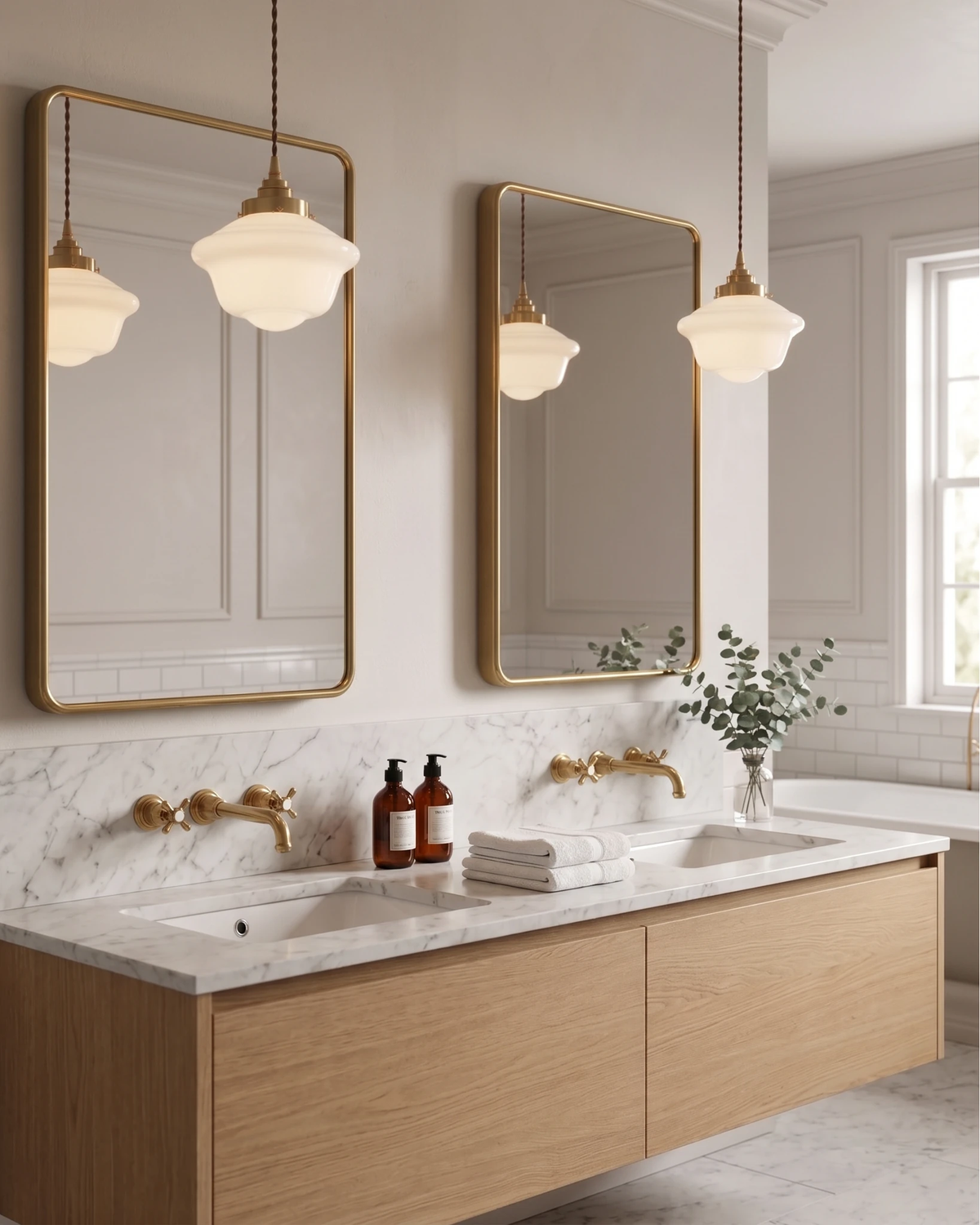 Globe pendant light SCOLA No.01, two units hanging in front of brass mirrors above a double oak vanity with marble top