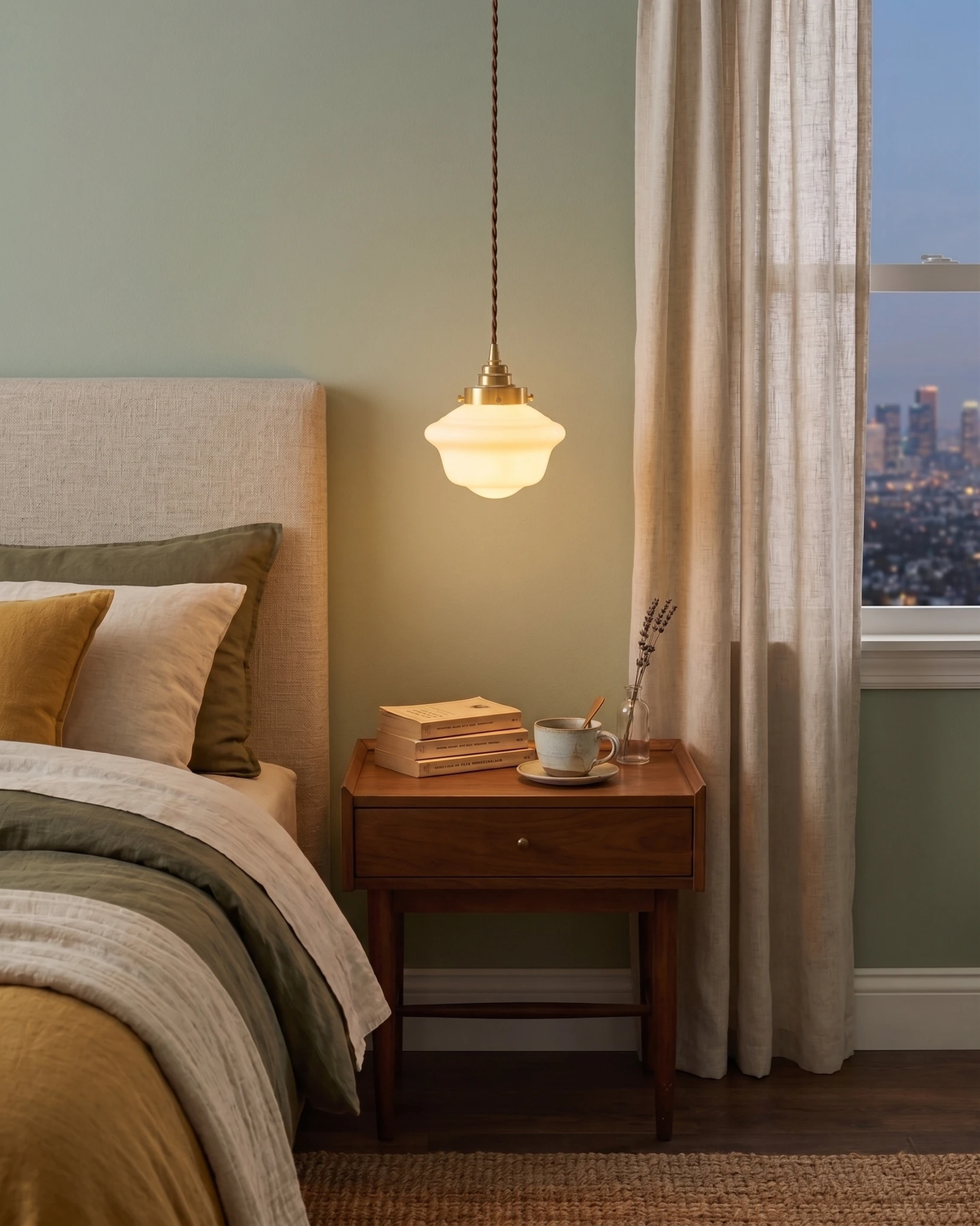 Globe pendant light SCOLA No.01 lit beside a bed above a wooden nightstand, window with a city view behind