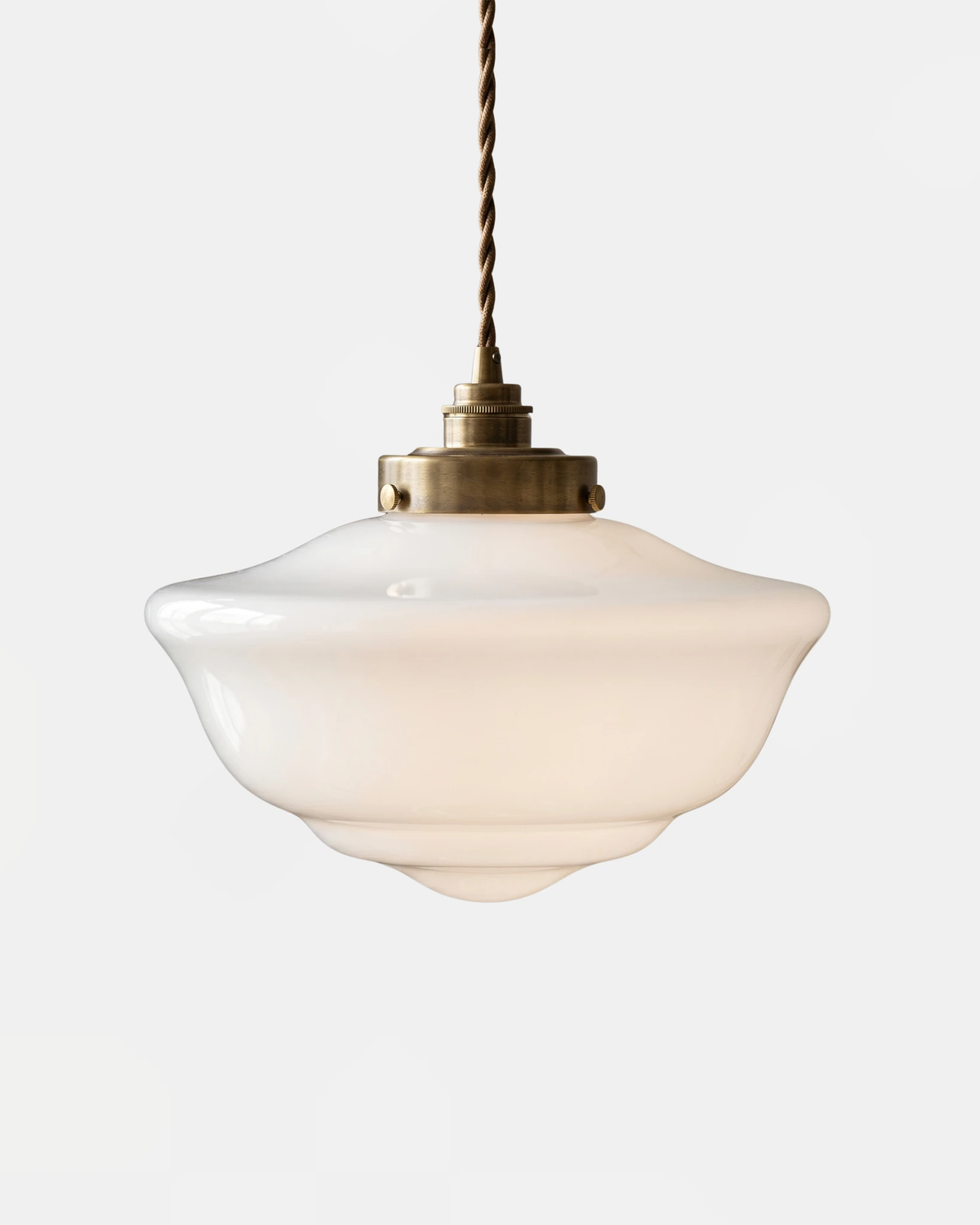 Globe pendant light SCOLA No.01 in the large size, stepped opaline glass shade hanging from a brass socket, unlit
