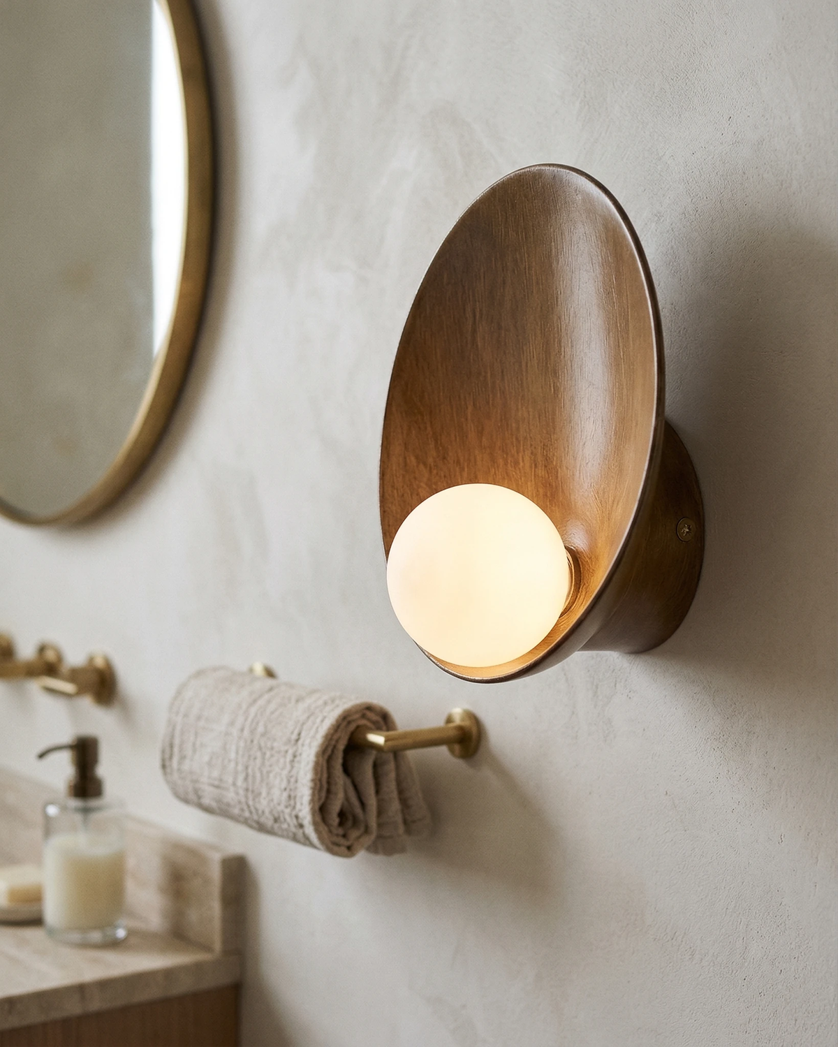 Globe wall sconce OASI No.01 in warm brown, lit beside a round mirror above a bathroom sink with a towel ring