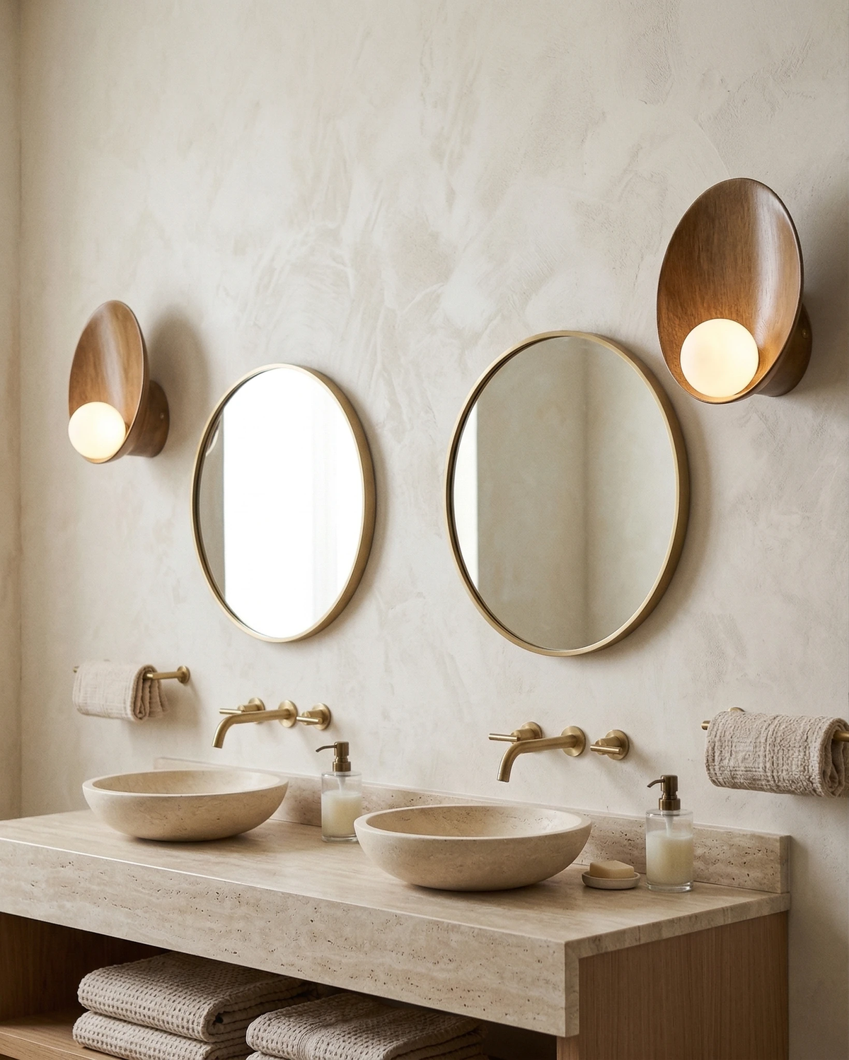 Globe wall sconce OASI No.01, two warm brown units lit above twin round mirrors over a double basin vanity