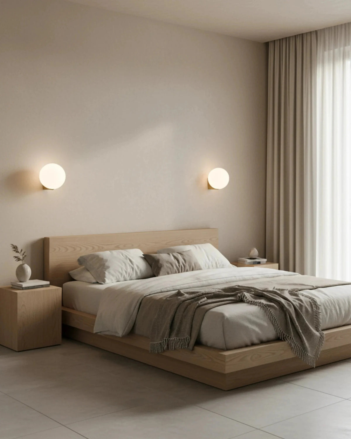 Pair of globe wall sconces AURA No.03 lit above a low bed with linen bedding in a beige bedroom
