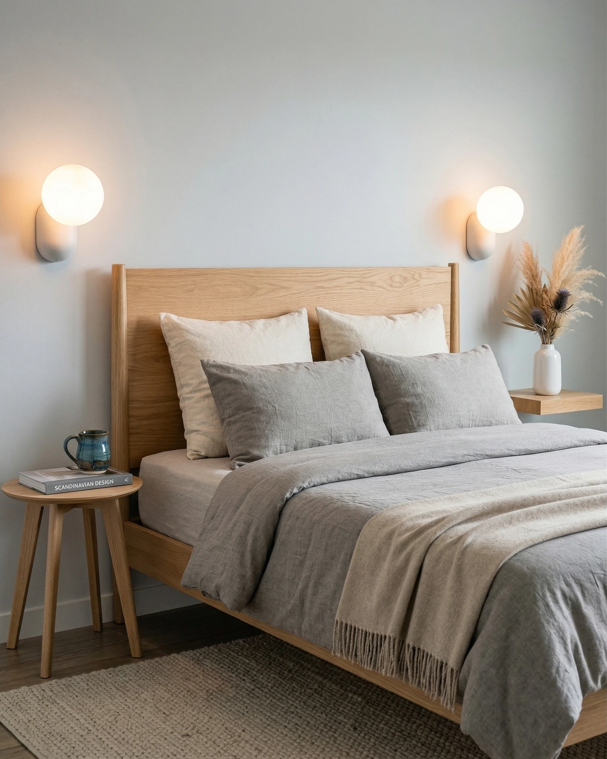 Globe wall sconce AURA No.04 in a dark finish, two lit units above a light wood bed with gray bedding