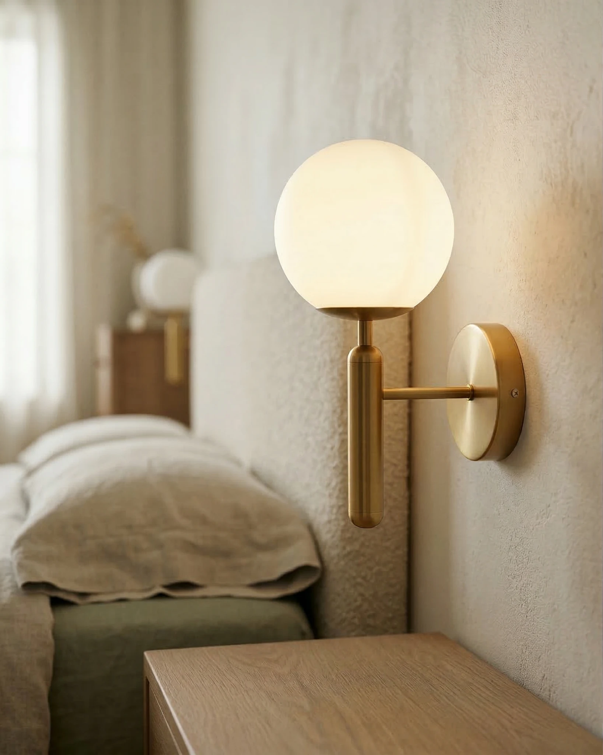 Globe wall sconce CIELO No.01 in brushed brass lit on a plaster wall above a bed with green bedding