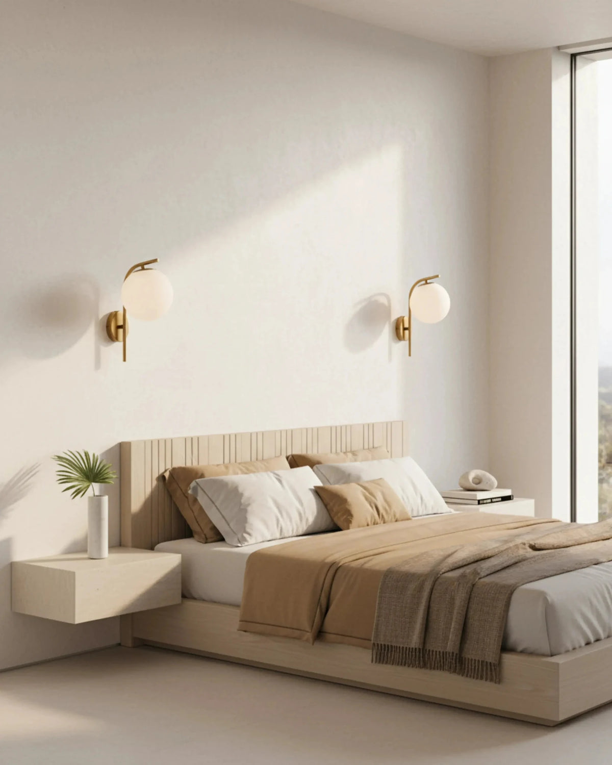 Two globe wall sconces MIRA No.01 in brass above a bed with a slatted headboard and floating nightstands