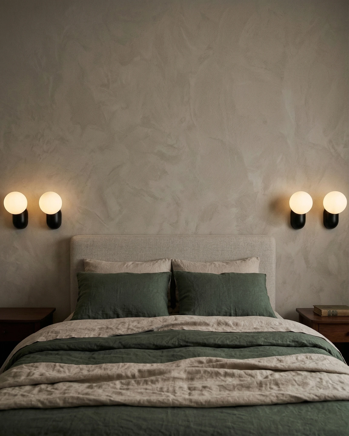 Globe wall sconce AURA No.04 in volcano black, a pair switched on above a bed with green linen bedding