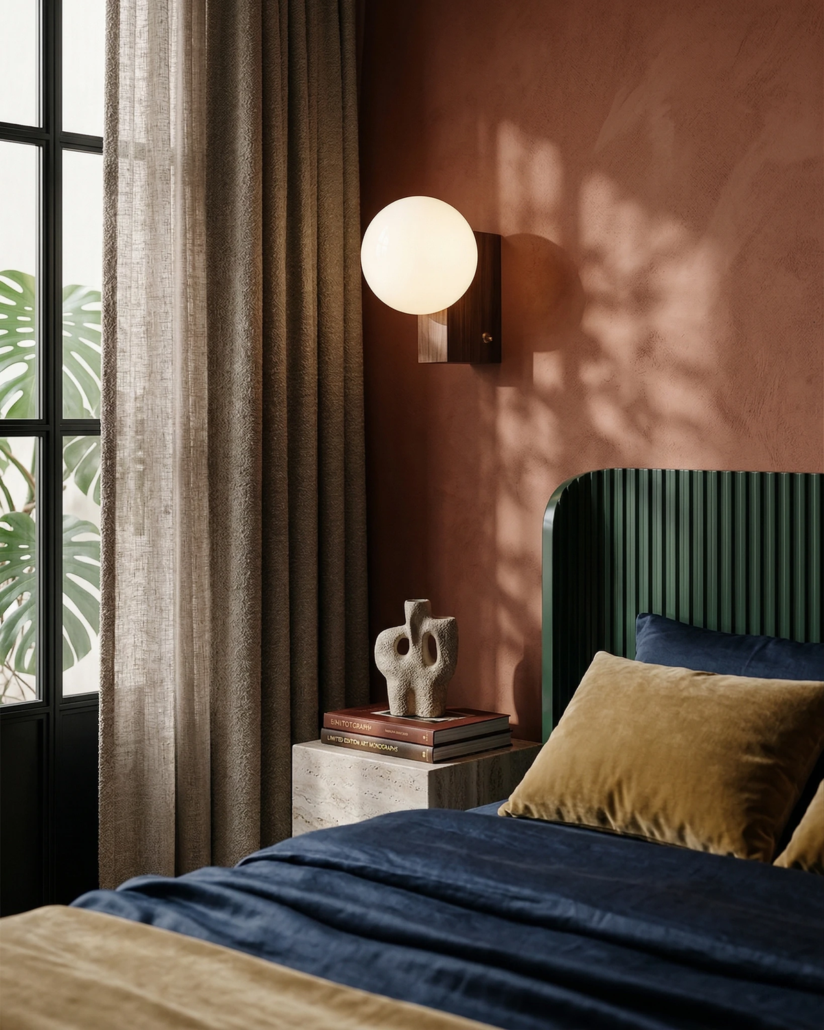 Globe wall sconce ELBA No.01 in walnut lit on a terracotta wall above a green velvet headboard
