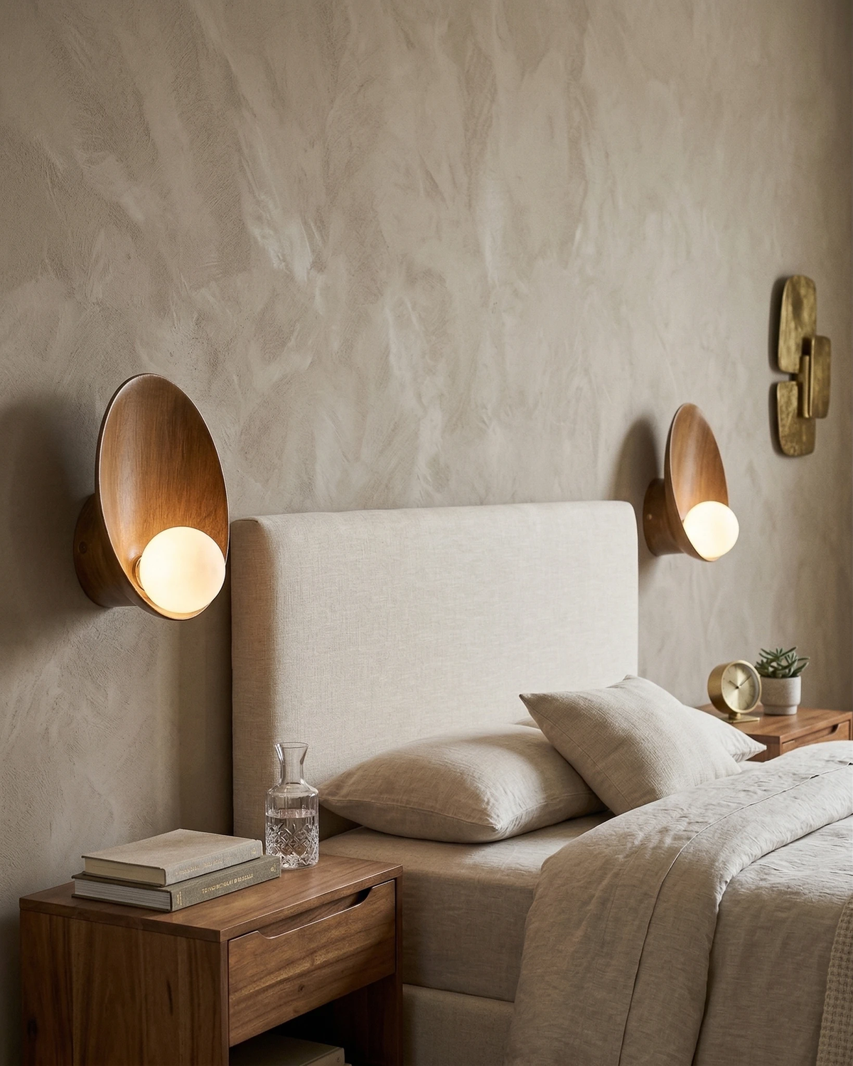 Globe wall sconce OASI No.01, two warm brown units lit either side of an upholstered headboard