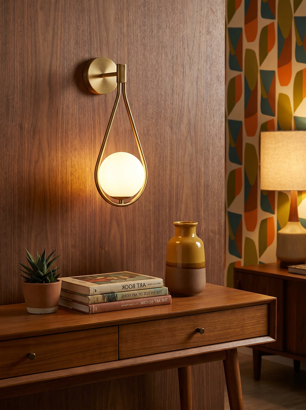 Globe wall sconce FILO No.01 in gold lit on a walnut paneled wall above a mid-century sideboard with a patterned curtain