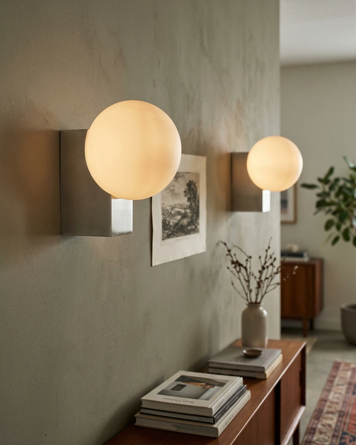 Two globe wall sconces ELBA No.01 in walnut lit above a wood sideboard with a framed print between them