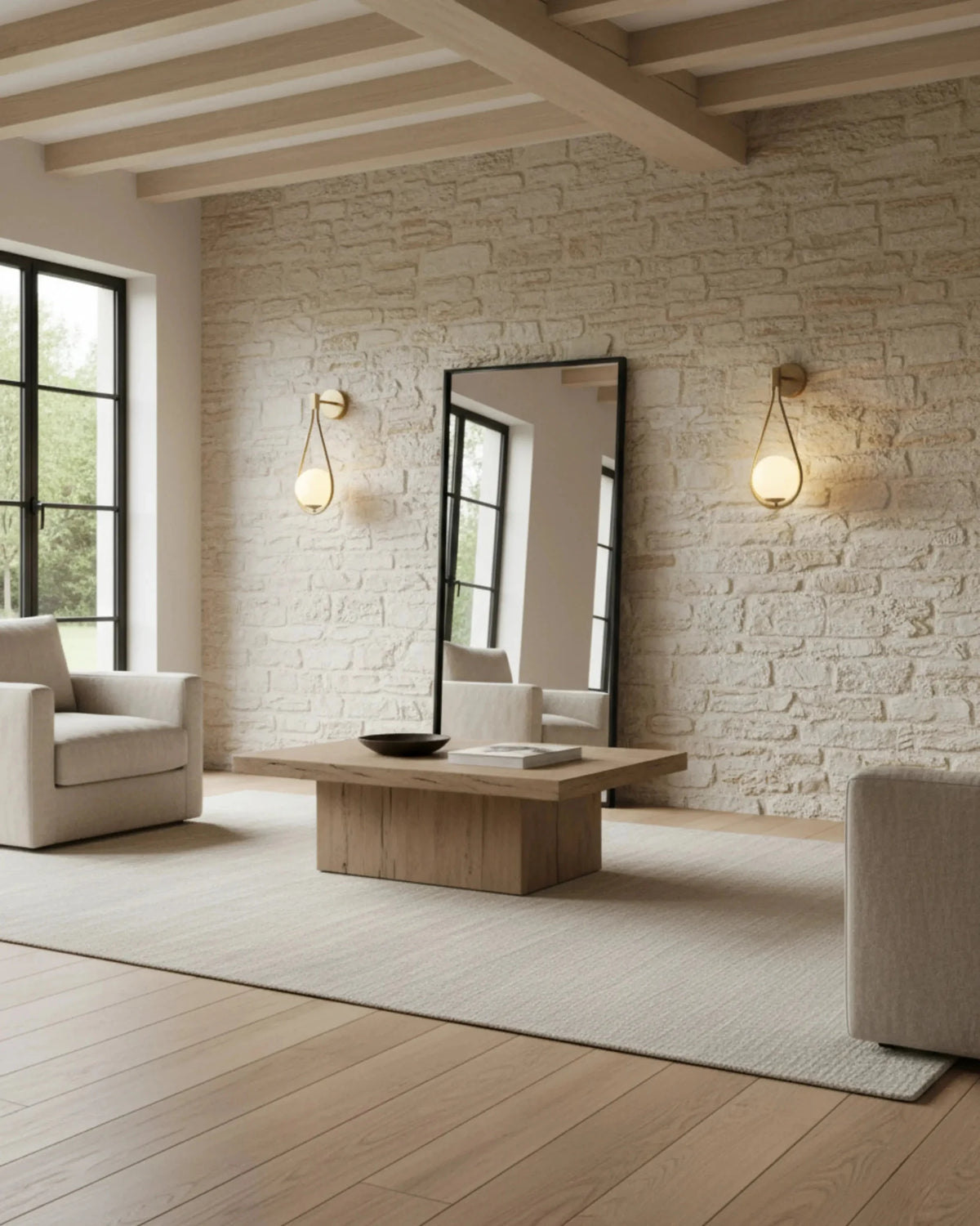 Globe wall sconce FILO No.01, two lit units on a whitewashed stone wall flanking a leaning mirror in a beamed living room