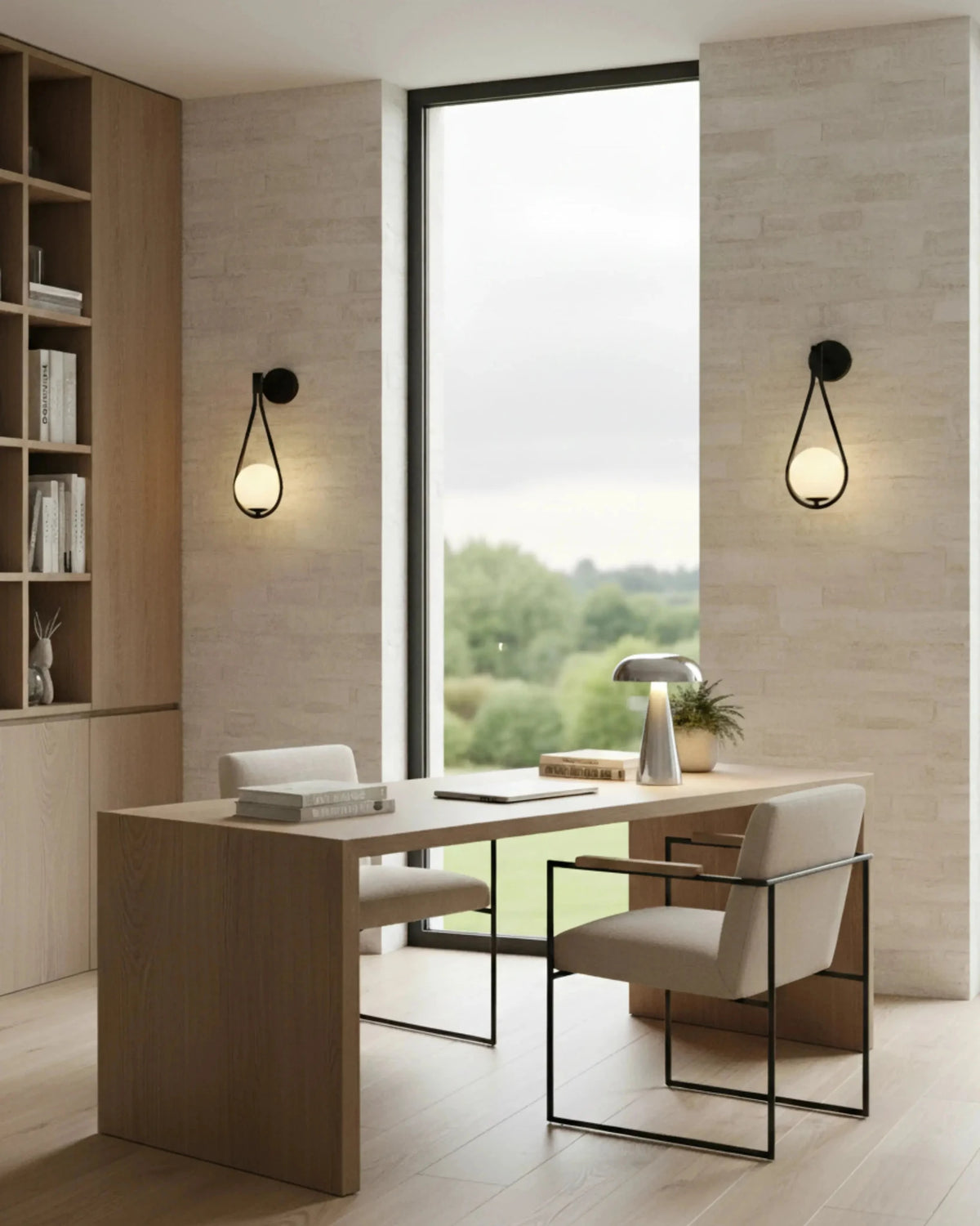 Globe wall sconce FILO No.01 in black, a lit pair flanking a window above a wooden desk with two chairs
