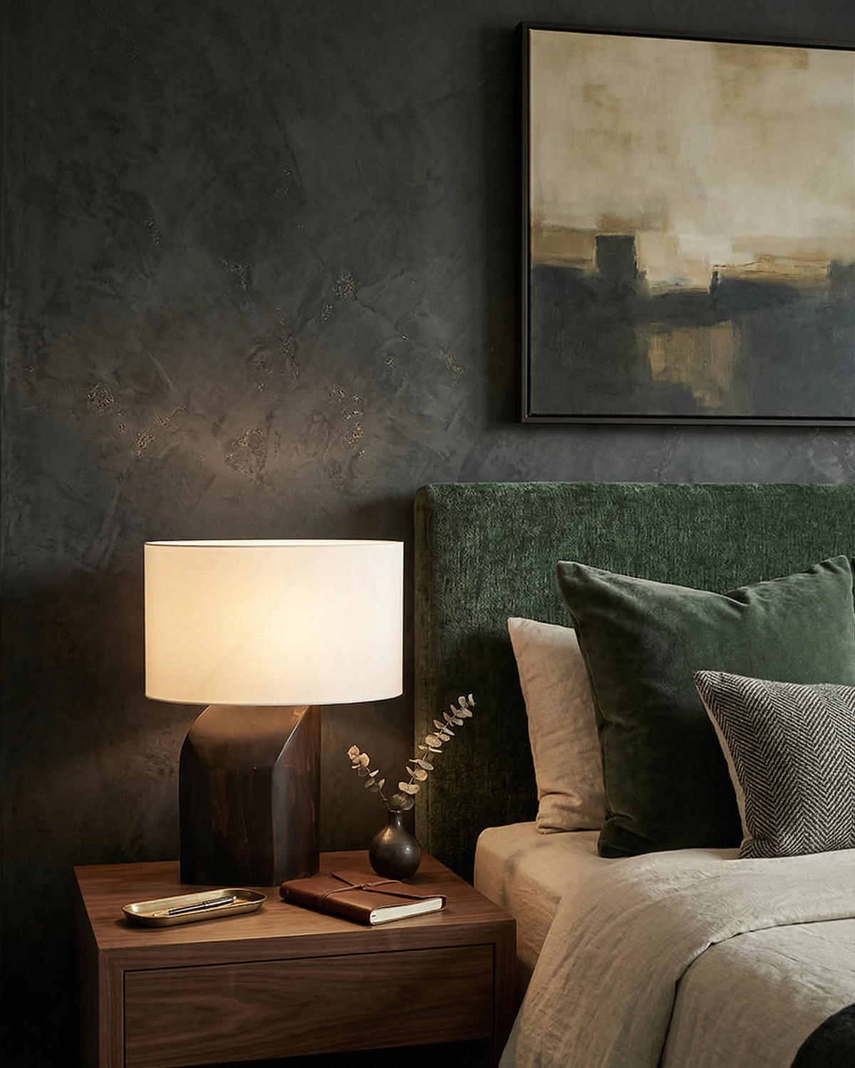 Linen shade table lamp ROCCA No.02 glowing on a walnut nightstand beside a bed with a green headboard
