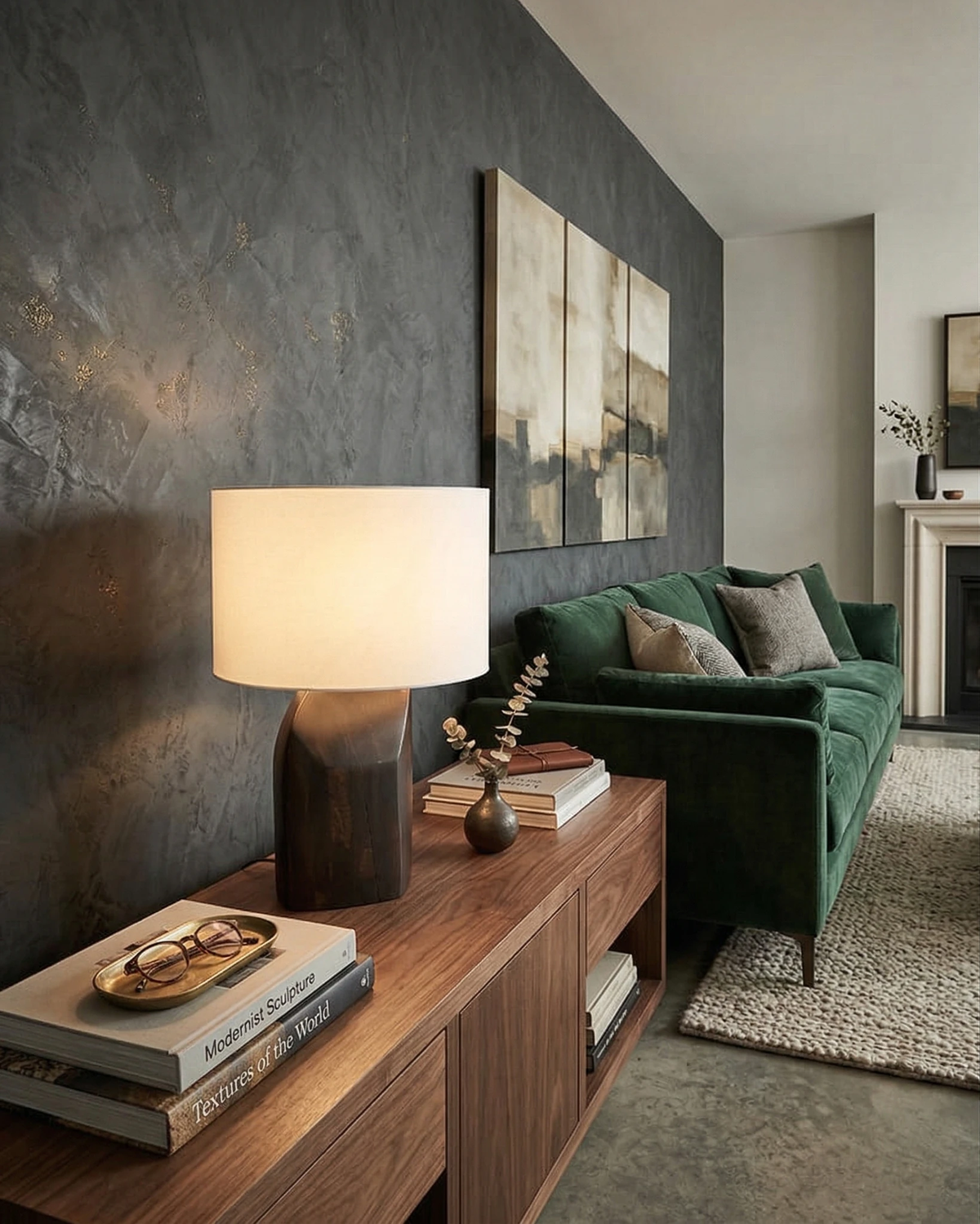 Linen shade table lamp ROCCA No.02 lit on a walnut sideboard with books beside a green sofa in a living room