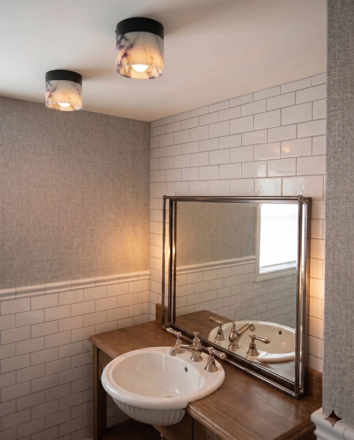 Marble flush mount ceiling light NERA No.06, two veined units lit on a bathroom ceiling above a pedestal sink and mirror