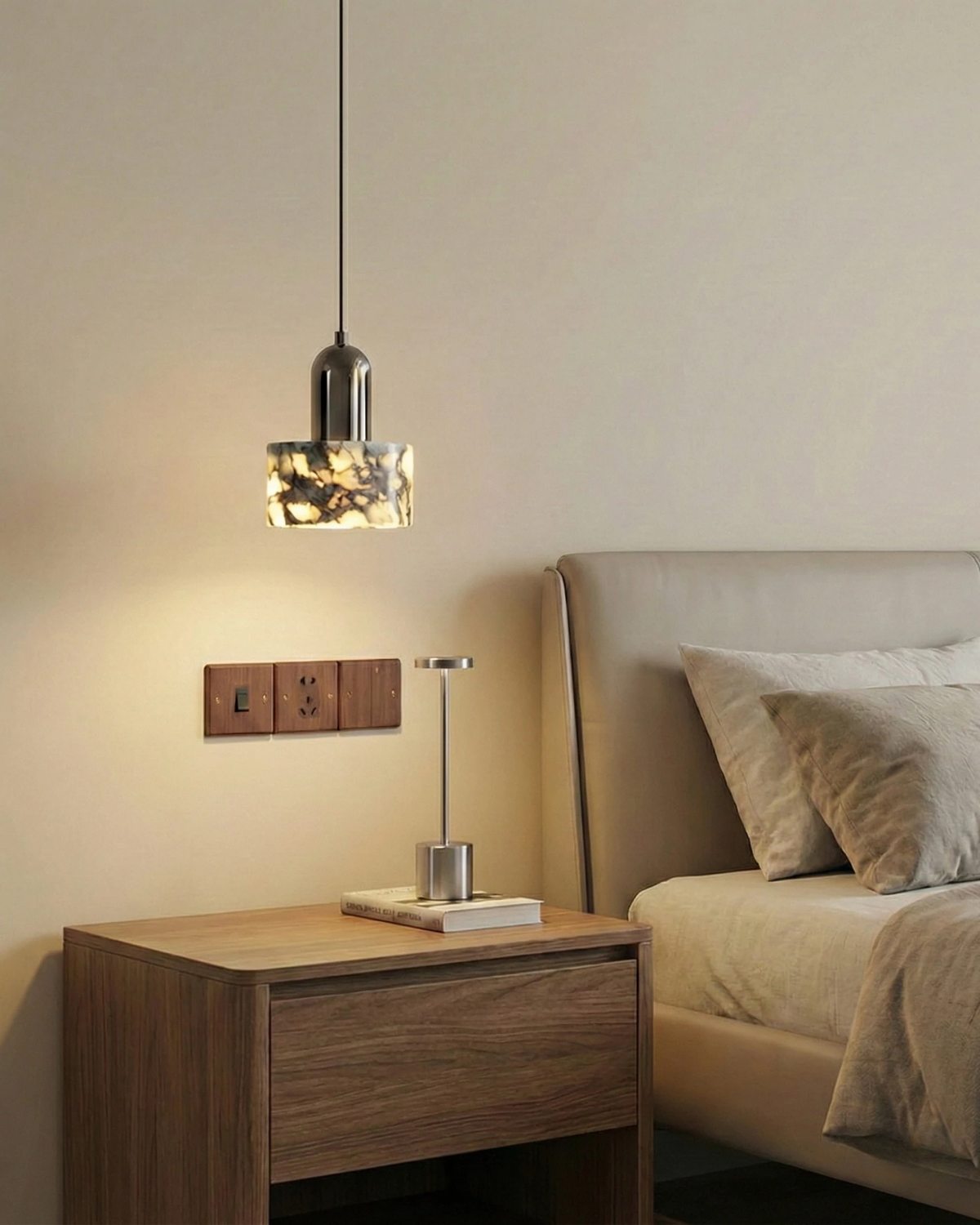 MARMI No.02 | Mini Marble Cylinder Pendant on Black Iron styled in a bedroom