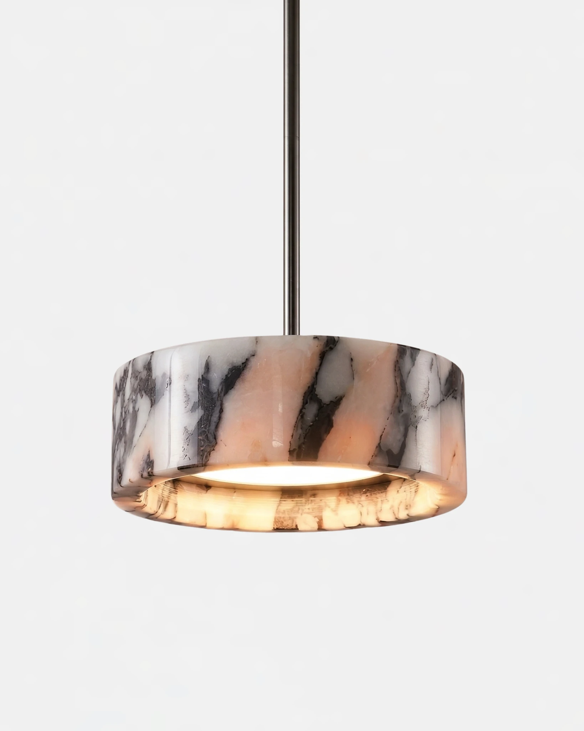 Marble pendant light MARMI No.01, veined marble ring with integrated LED glowing below, black stem