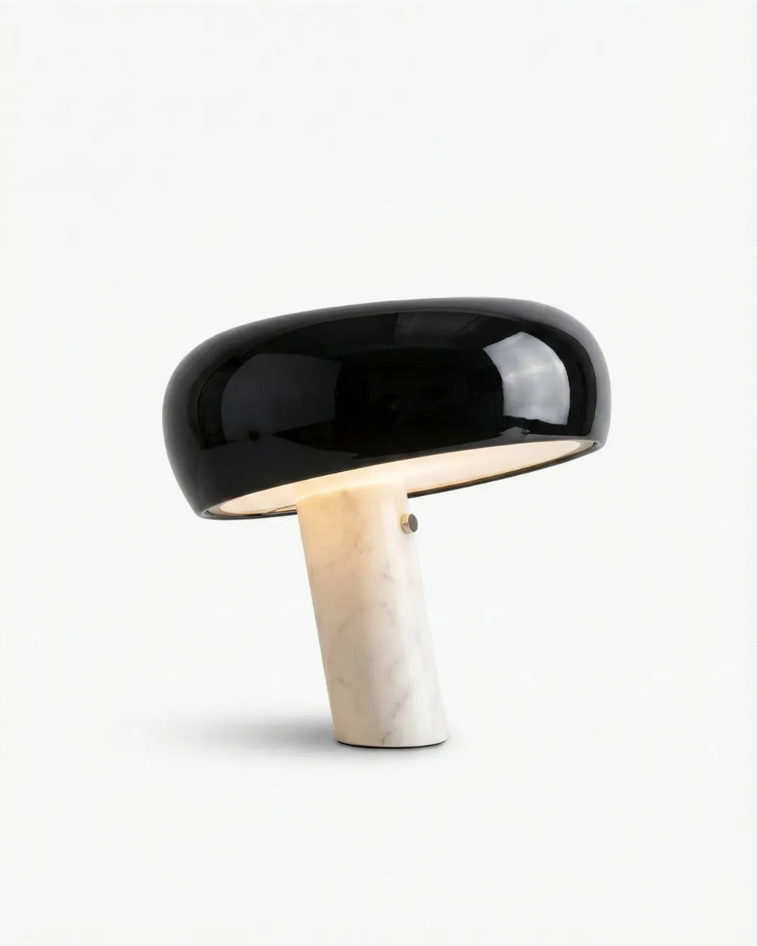 Marble table lamp BRUNO No.01 Black Large, glossy black enamel iron cone shade on an angled white marble base