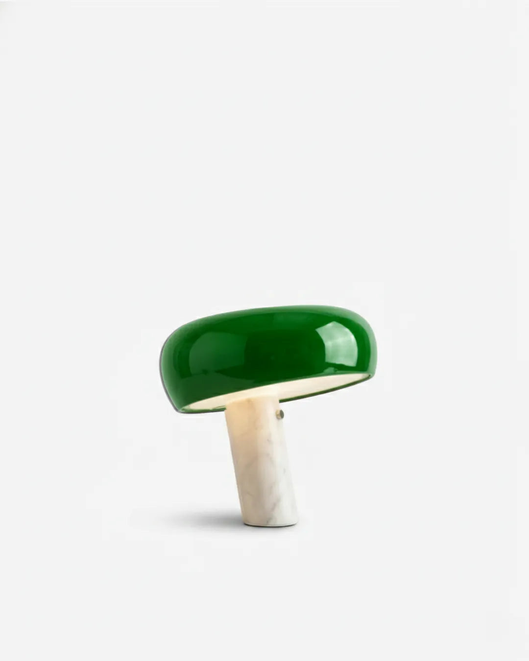 Marble table lamp BRUNO No.01 Green Small, small green enamel cone shade on a tilted white marble stem