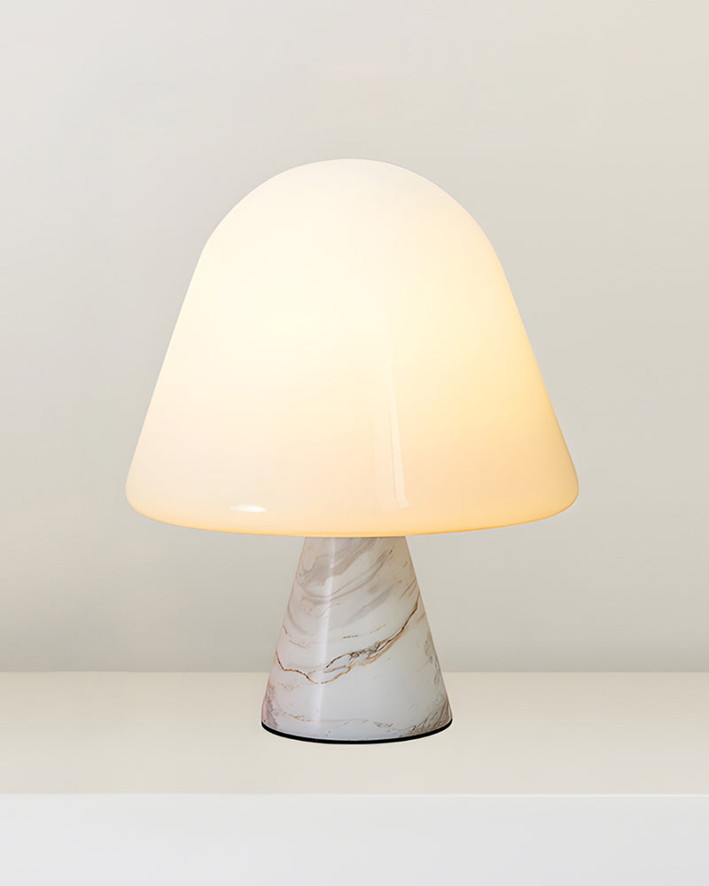 Marble table lamp OLIVA No.04 in Carrara white, mushroom opal dome lit over a veined white marble base