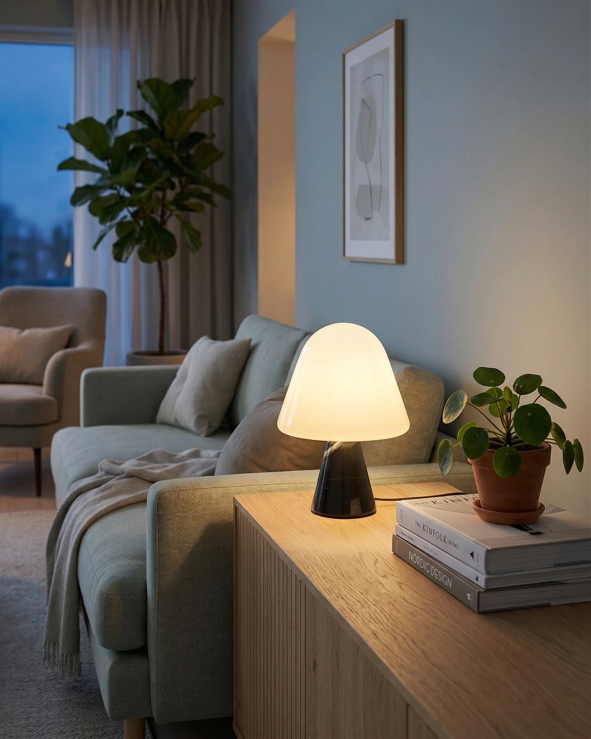 Marble table lamp OLIVA No.04 with black base glowing on a wooden sideboard with books in a blue living room