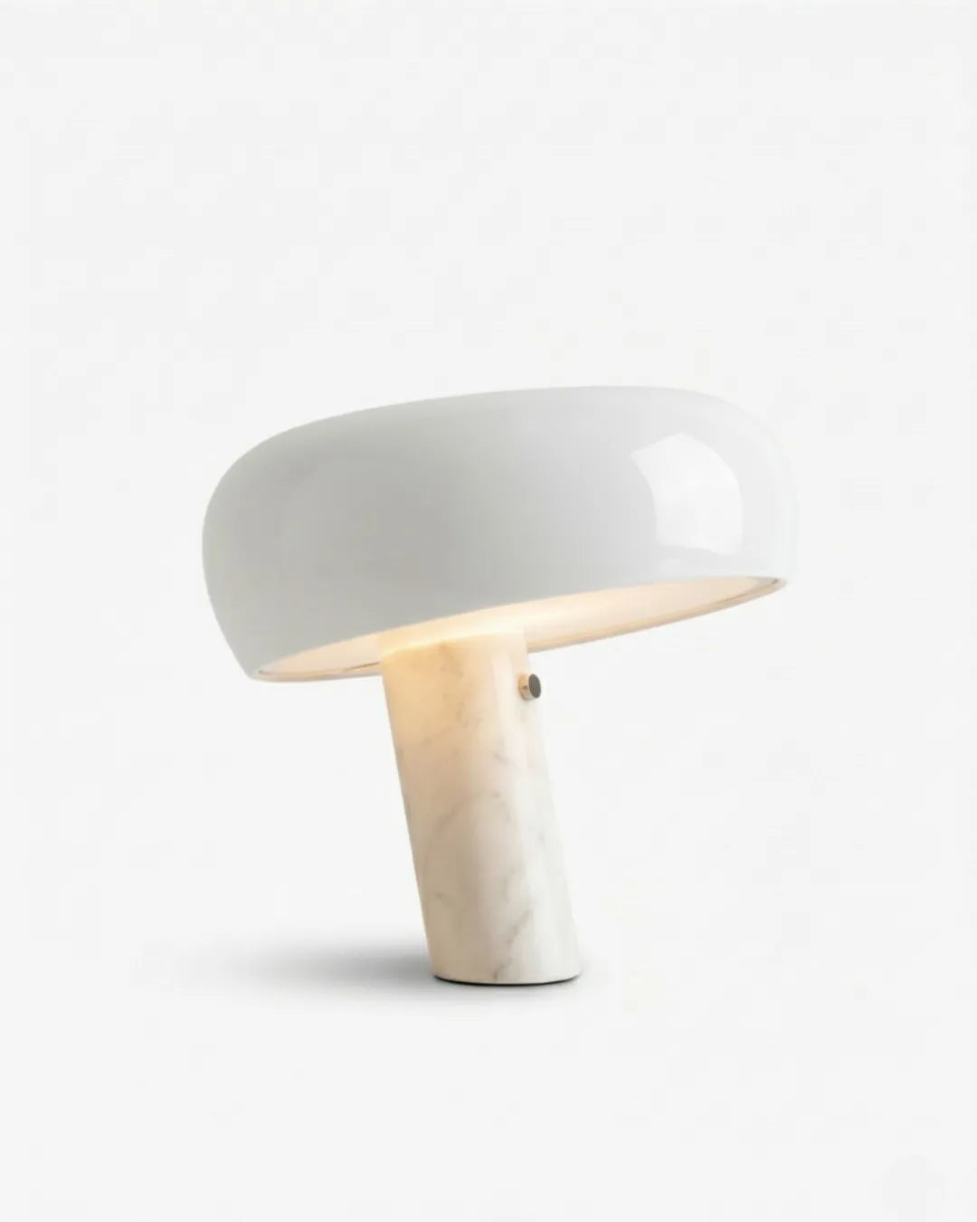 Marble table lamp BRUNO No.01 White Large, white enamel dome shade over a tilted white marble stem