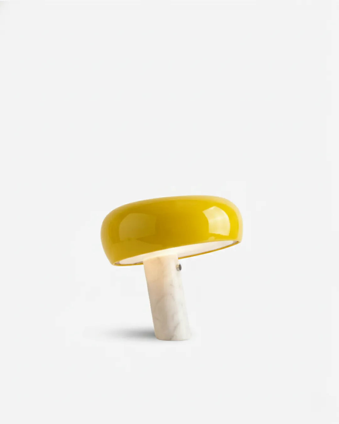 Marble table lamp BRUNO No.01 Yellow Small, compact yellow enamel shade above a slanted white marble base