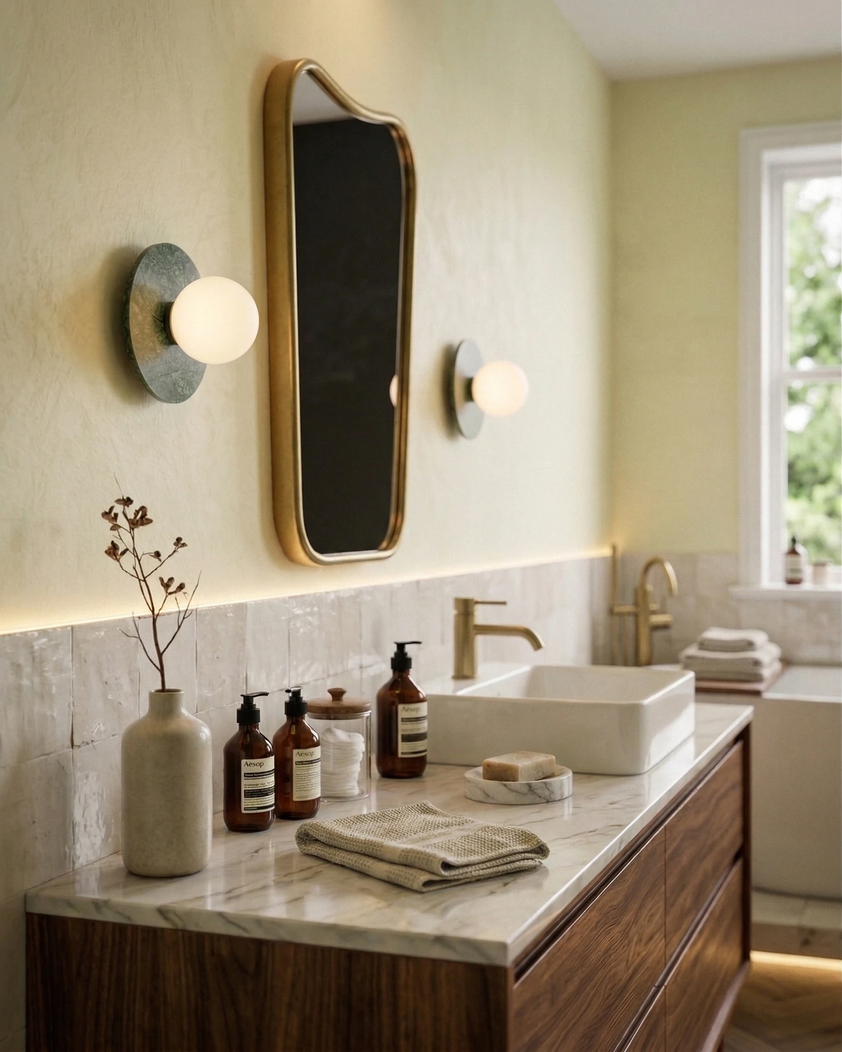 Two marble wall sconces VENA No.01 lit flanking a brass mirror over a walnut vanity with a marble counter