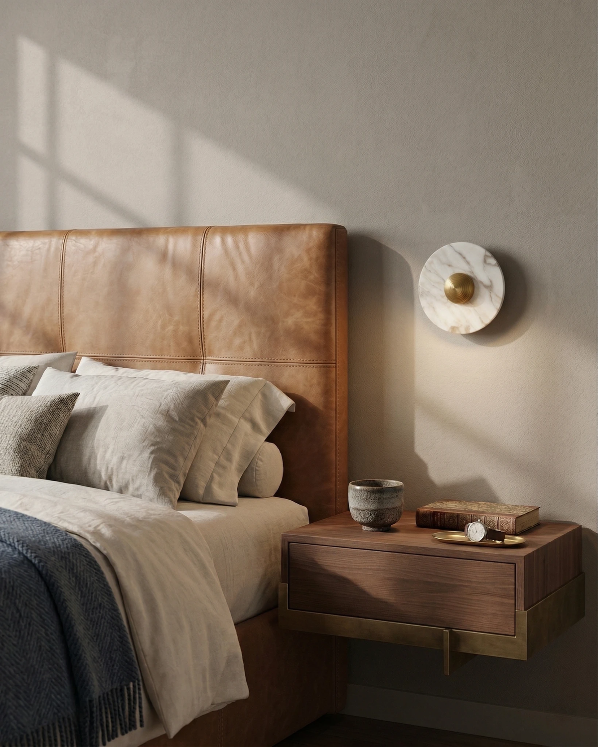 Marble wall sconce LATTE No.01 with brass center lit above a walnut floating nightstand beside a leather headboard