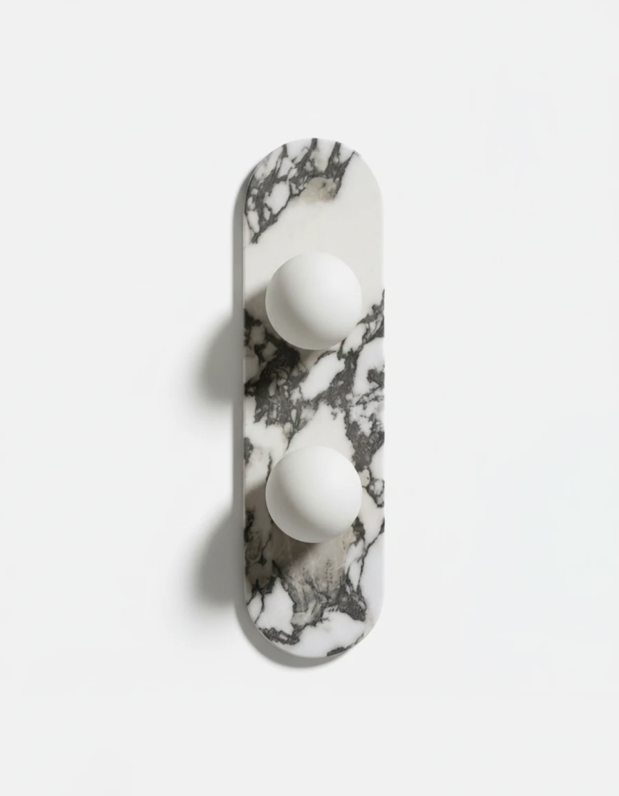 Marble wall sconce AVOLA No.01 double globe, two opal globes stacked on an oval gray-veined marble plate