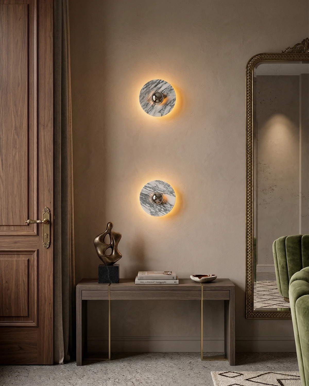 Marble wall sconce LATTE No.01, two chrome units stacked and lit on an entryway wall above a console table and mirror