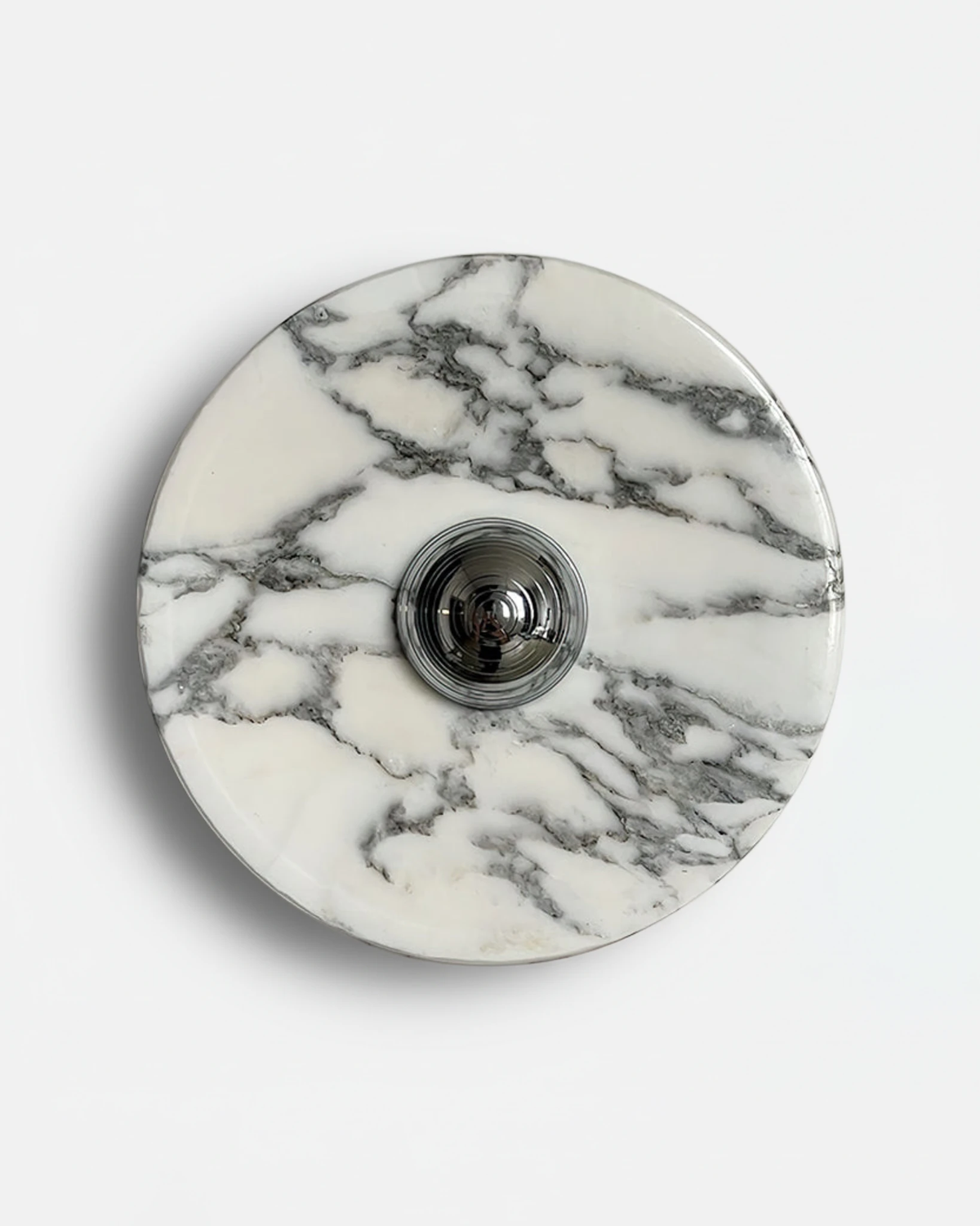 Marble wall sconce LATTE No.01 in Polished Chrome, gray-veined white marble disc with a chrome dome center, unlit