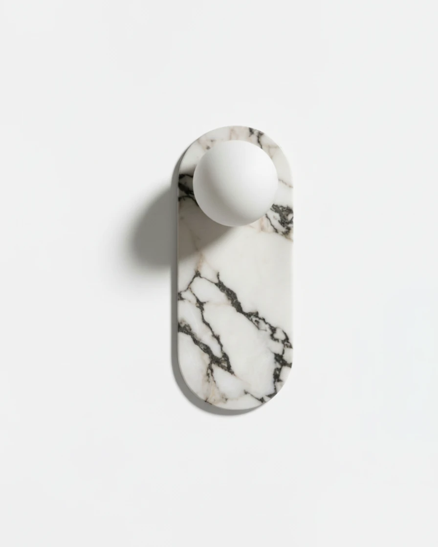 Marble wall sconce AVOLA No.01 single globe, one opal glass globe on an oval veined white marble plate
