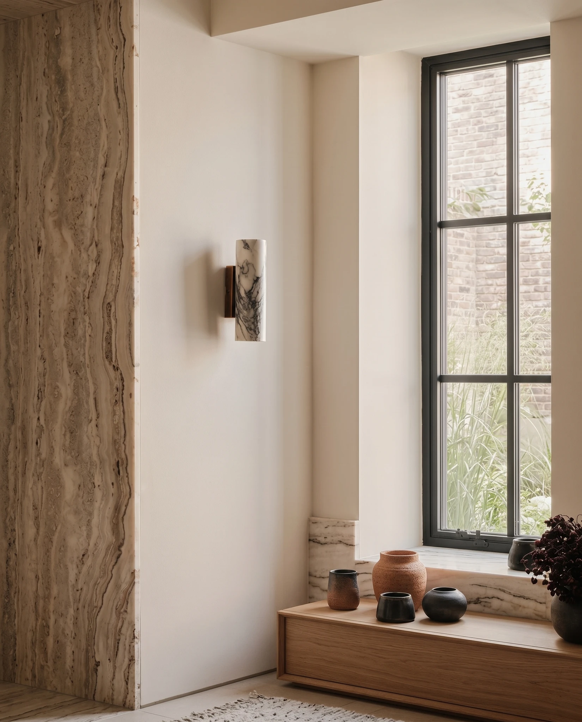 Marble wall sconce PORTORO No.01 on a plaster wall next to a travertine column and a window with a bench