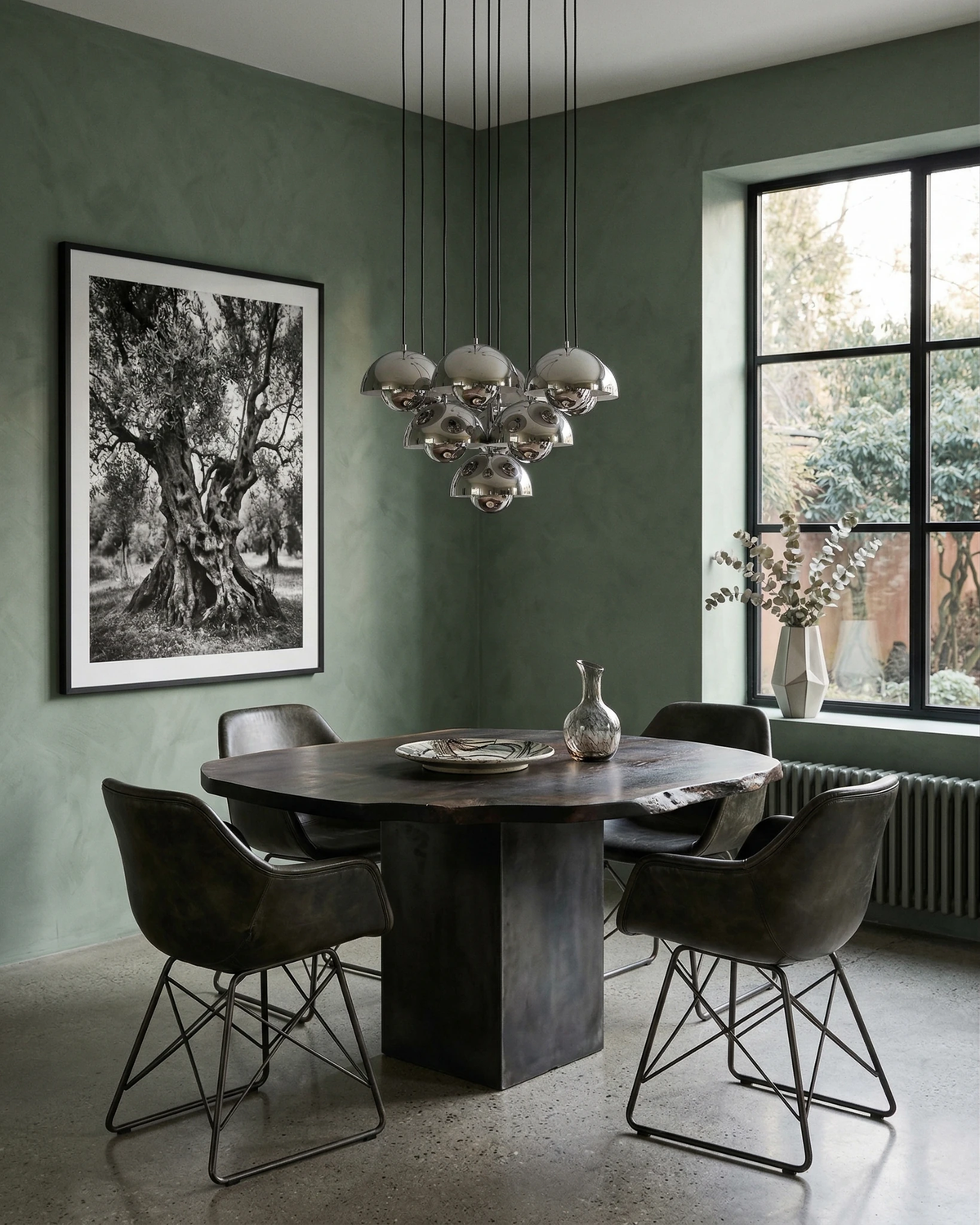 Modern chandelier FLORA No.01 in chrome mirror above a round black dining table with wire chairs in a green room