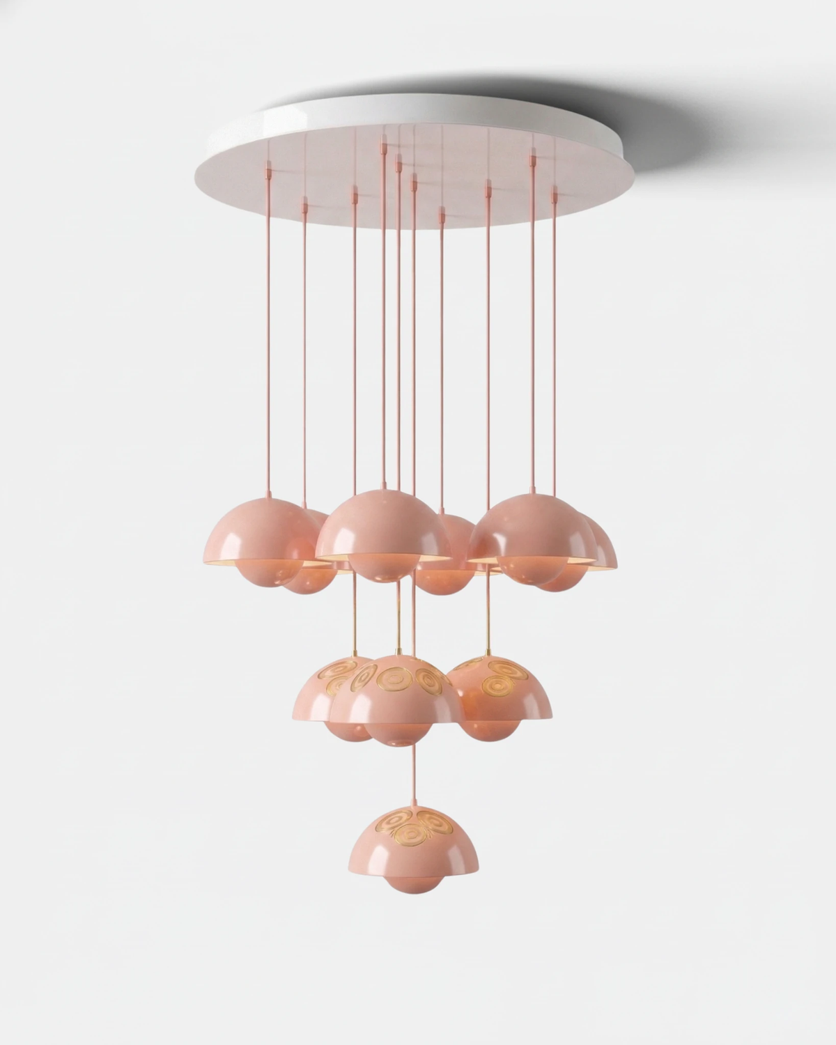 Modern chandelier FLORA No.01 Prelude edition, ten coral pink petal shades suspended from a round canopy