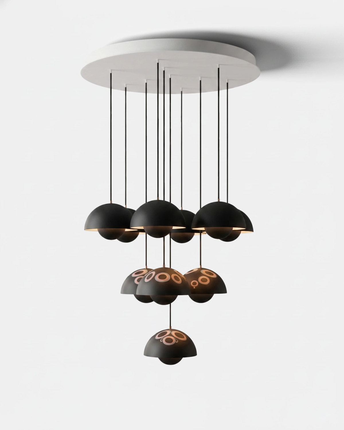 Modern chandelier FLORA No.01 Prelude in volcano black, ten glossy petal shades hung on thin cords