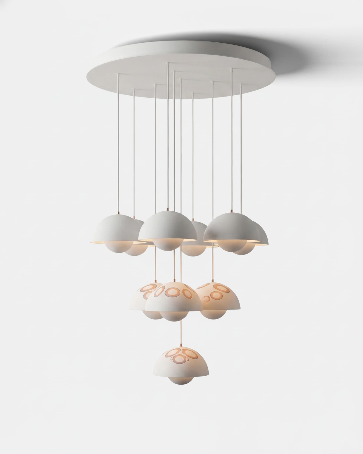 Modern chandelier FLORA No.01 Prelude with ten white matte petal globes on a white ceiling canopy