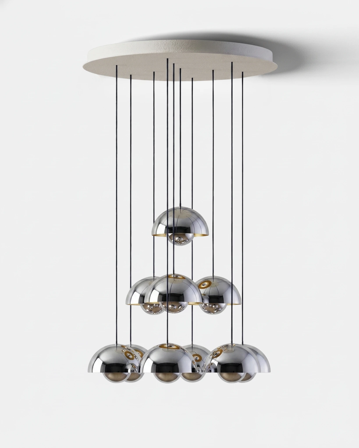 Modern chandelier FLORA No.01 Sonata in chrome mirror, ten reflective petal globes in a stepped cascade