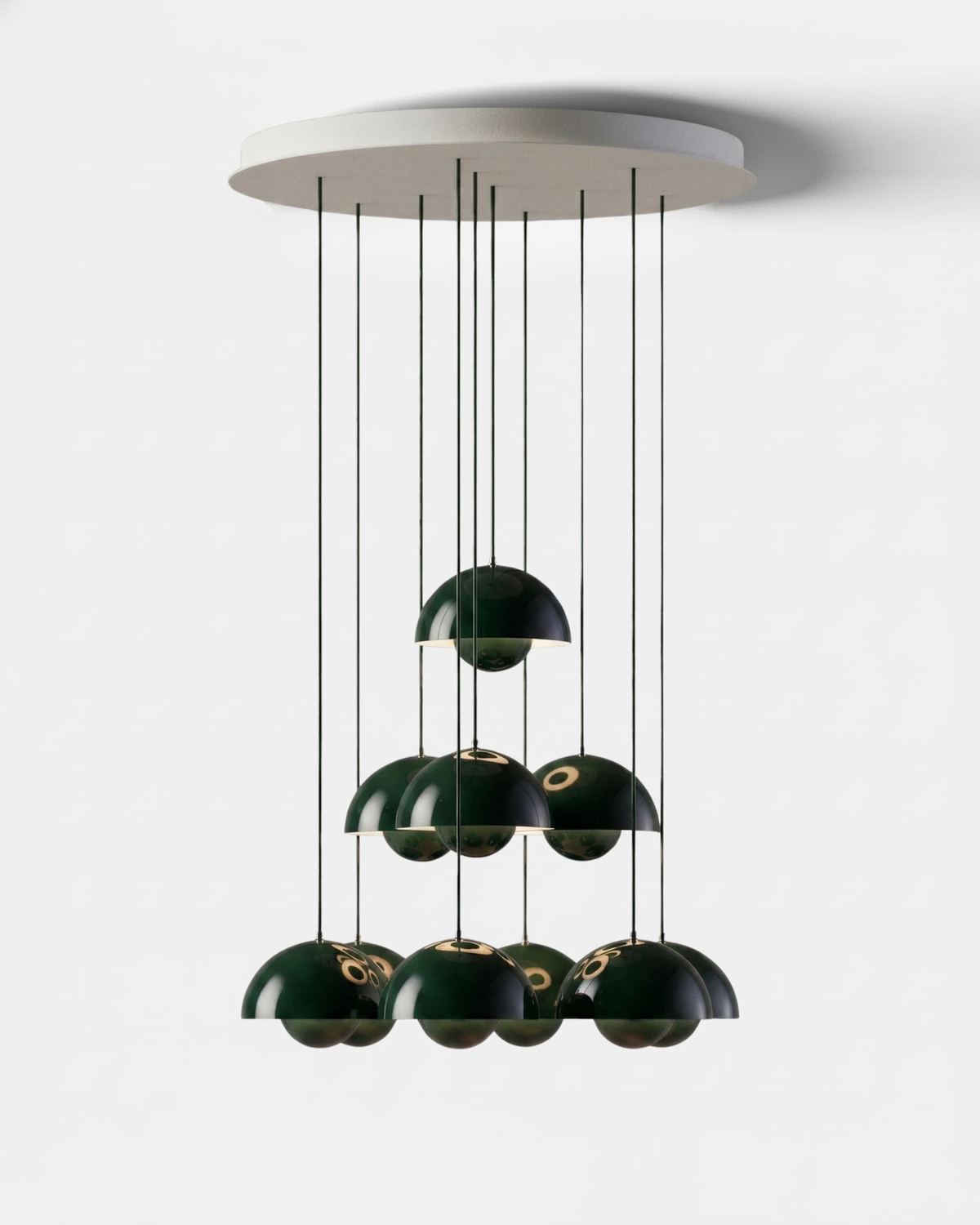 Modern chandelier FLORA No.01 Sonata in forest green, ten petal globes arranged in a three-tier cascade