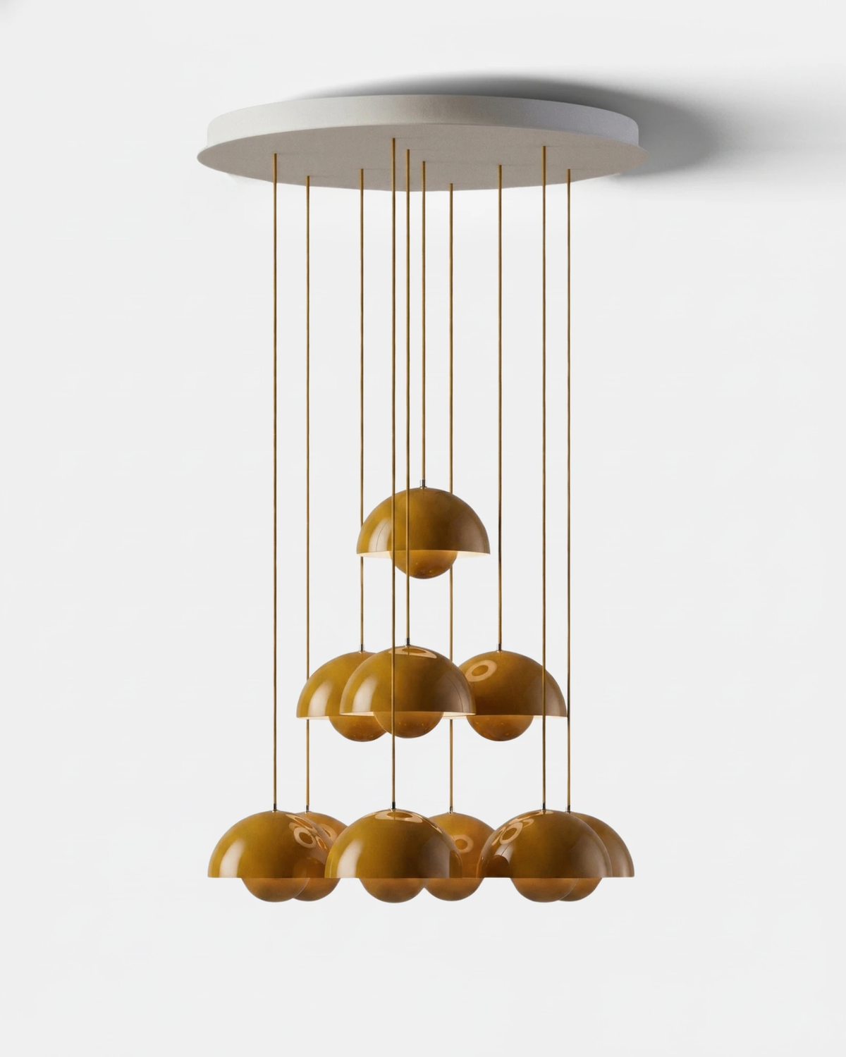 Modern chandelier FLORA No.01 Sonata cascade in turmeric yellow, ten petal globes on a white disc canopy