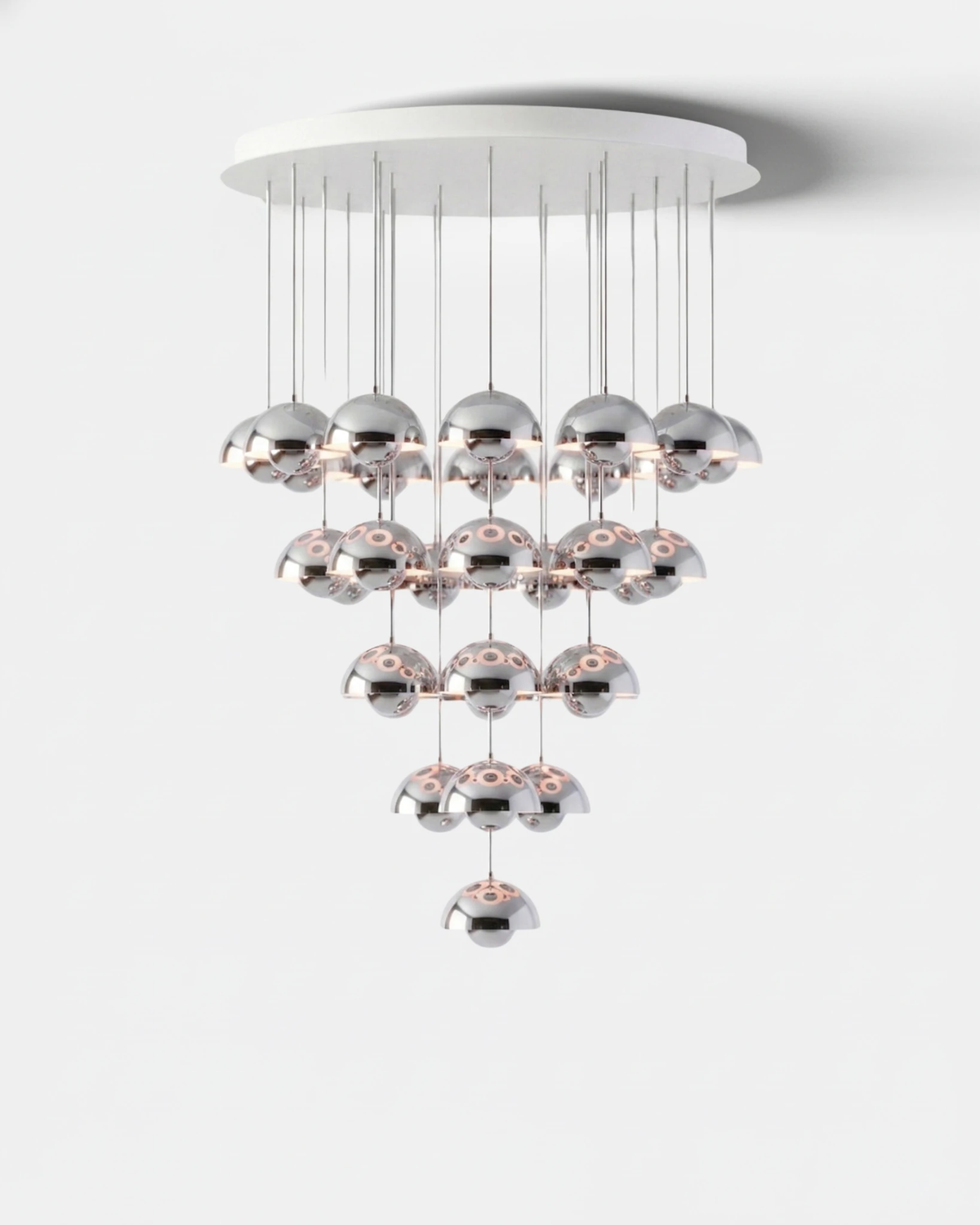 Modern chandelier FLORA No.01 Symphony in chrome mirror finish, 31 reflective petal globes cascading down