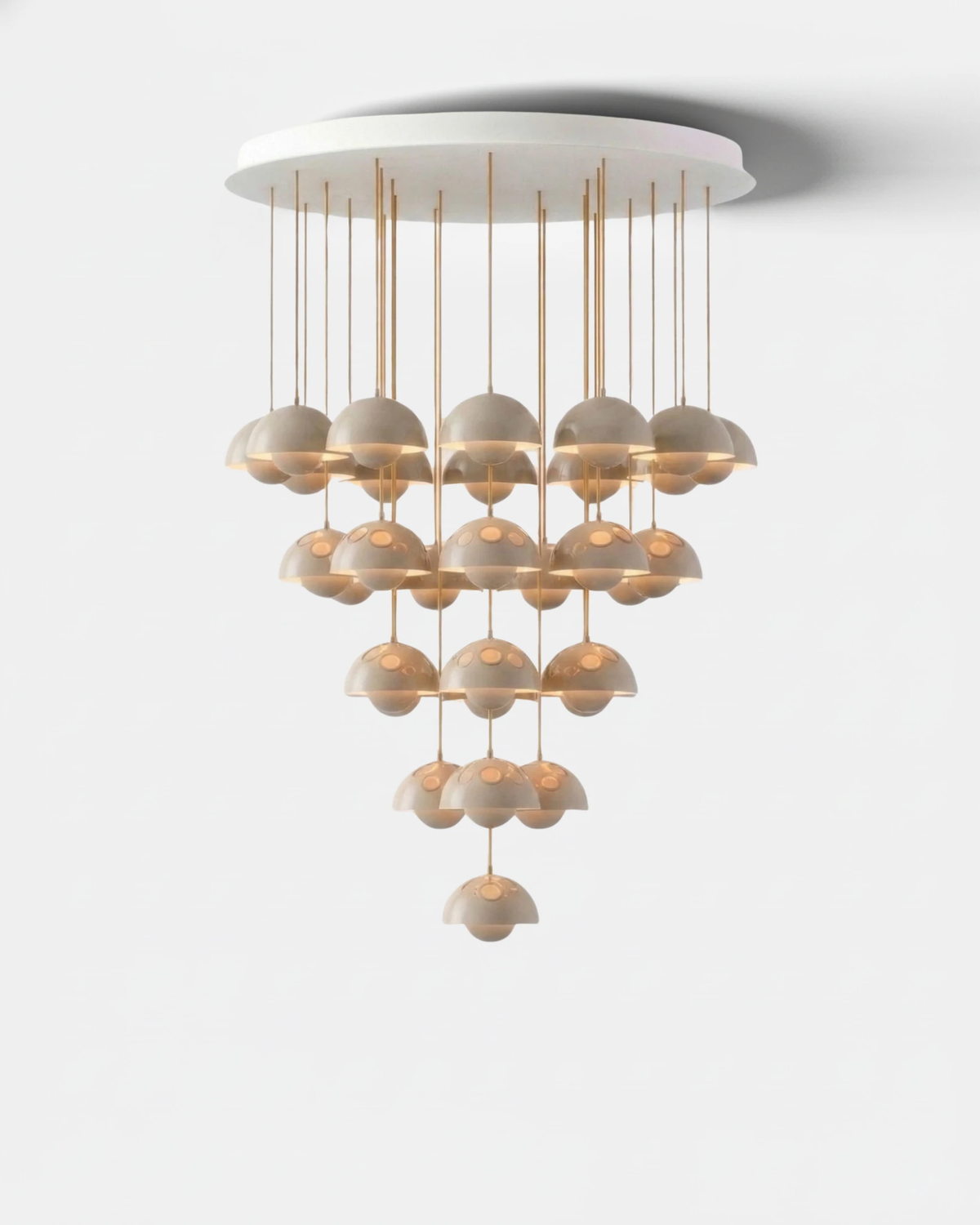 Modern chandelier FLORA No.01 Symphony edition, 31 glossy cream petal globes in a long tapered cascade