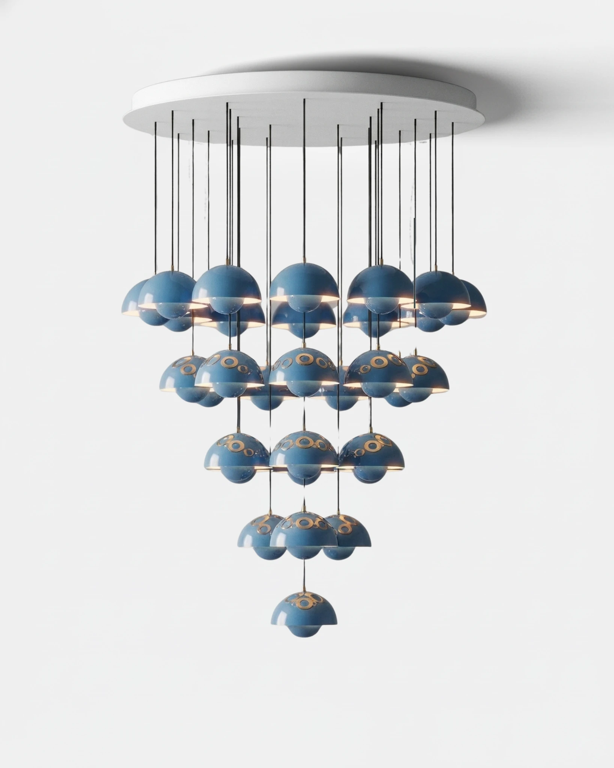 Modern chandelier FLORA No.01 Symphony cascade of 31 sky blue petal globes from a round white canopy