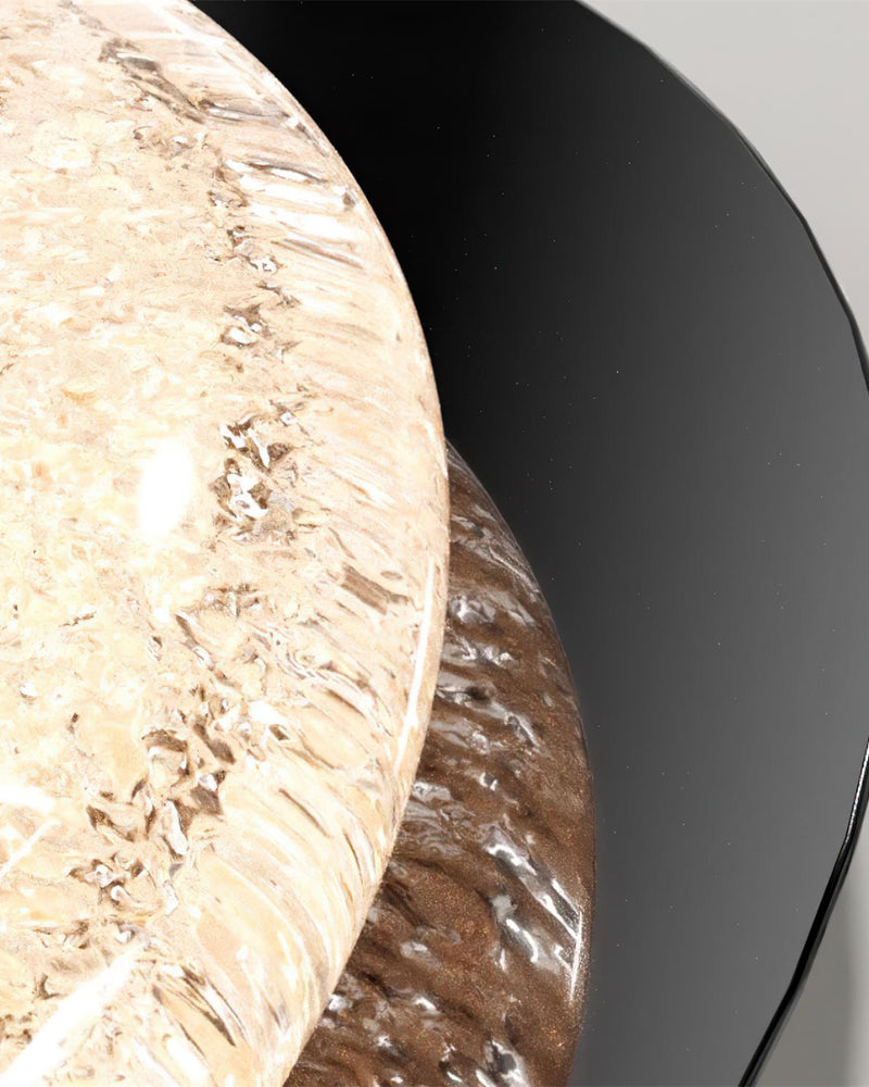 Close-up of the crackled ice resin edge and walnut ring of the NIVE No.01 modern flush mount ceiling light, lit